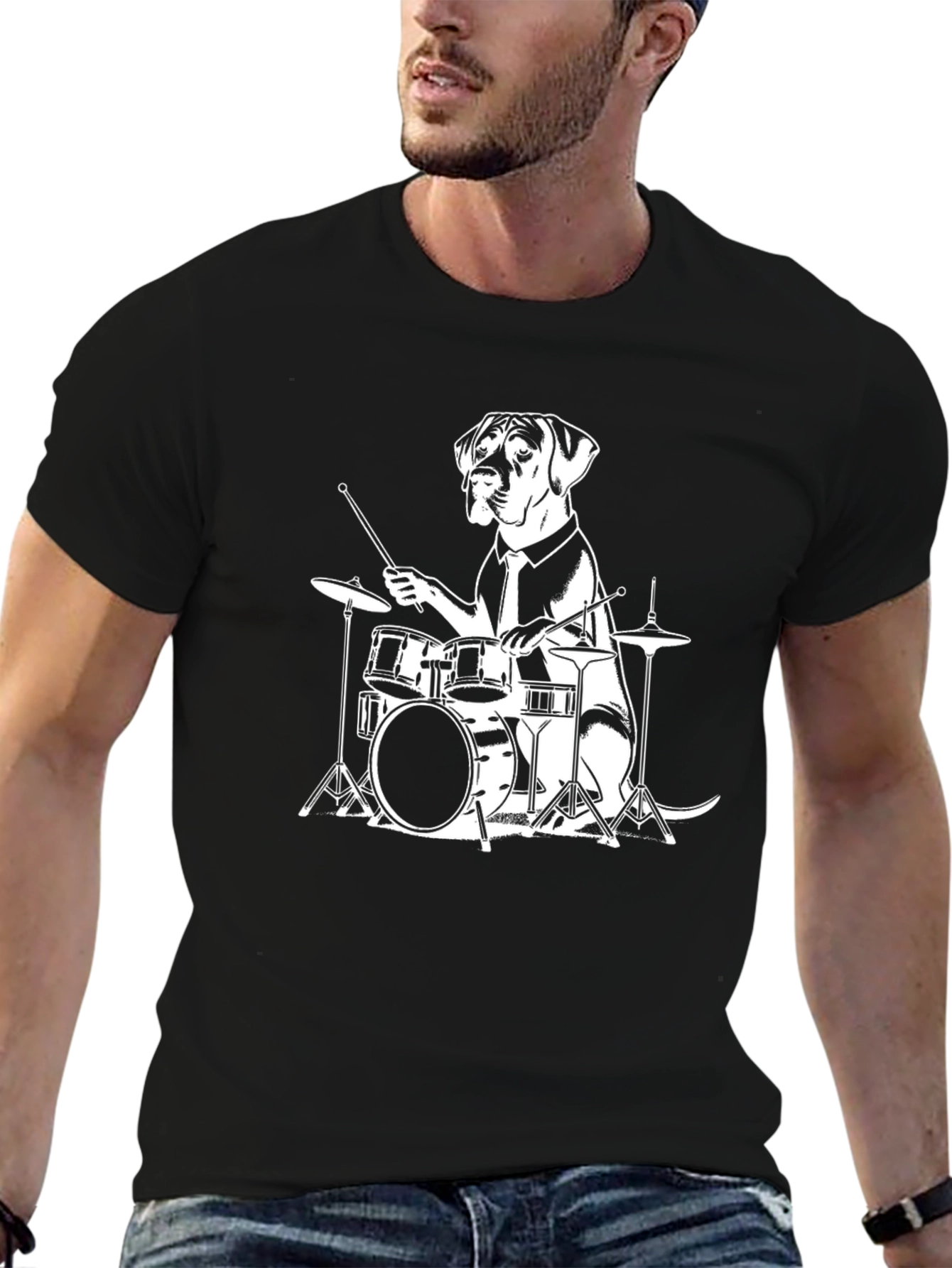 Black Dog Drummer Graphic Tee - Black Cotton T-Shirt view 6