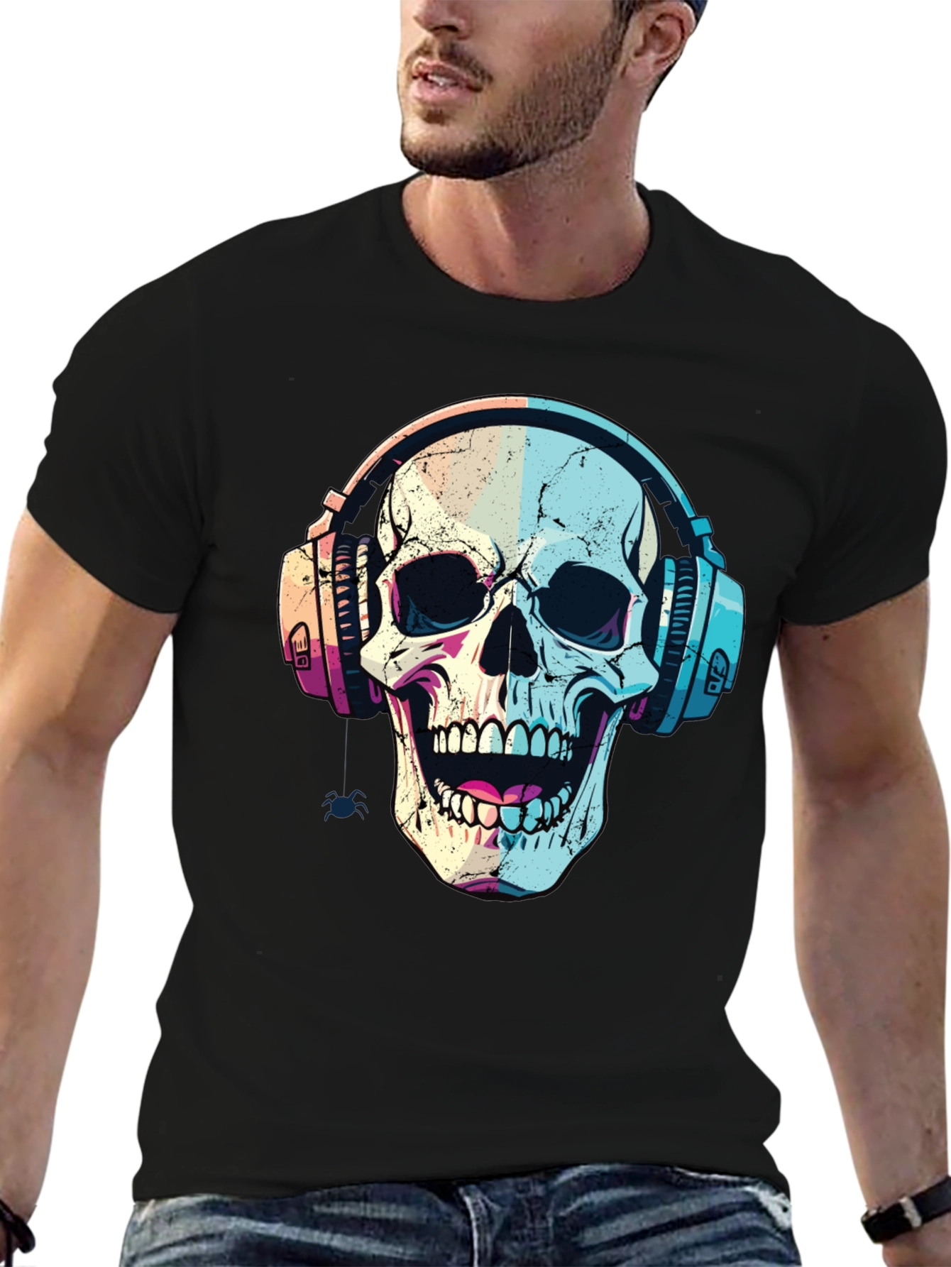 Black Skull Headphones Graphic Tee - Cool Music Lover Shirt view 6