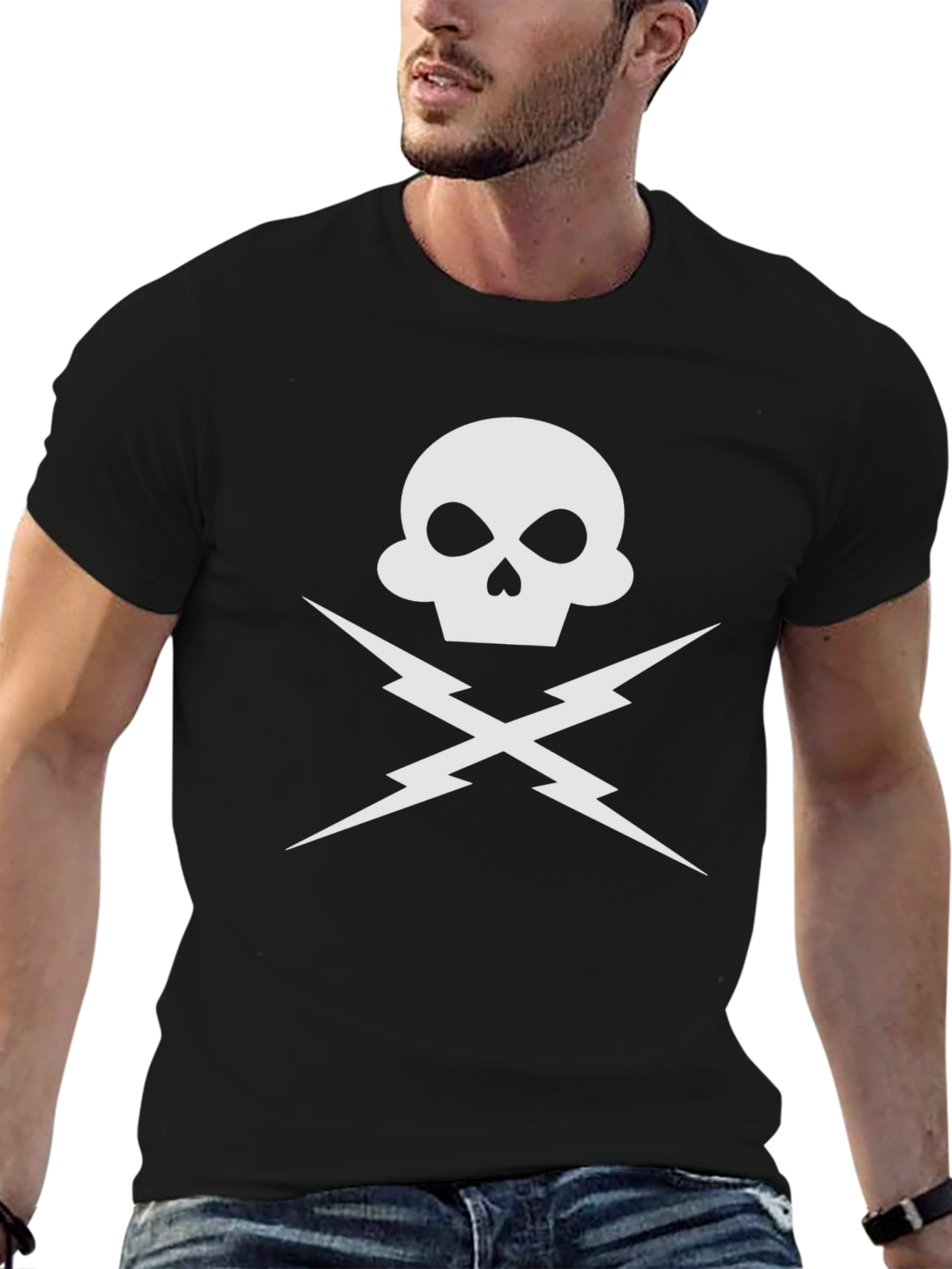 Black Skull & Lightning Bolt Graphic Tee - Bold Design view 6