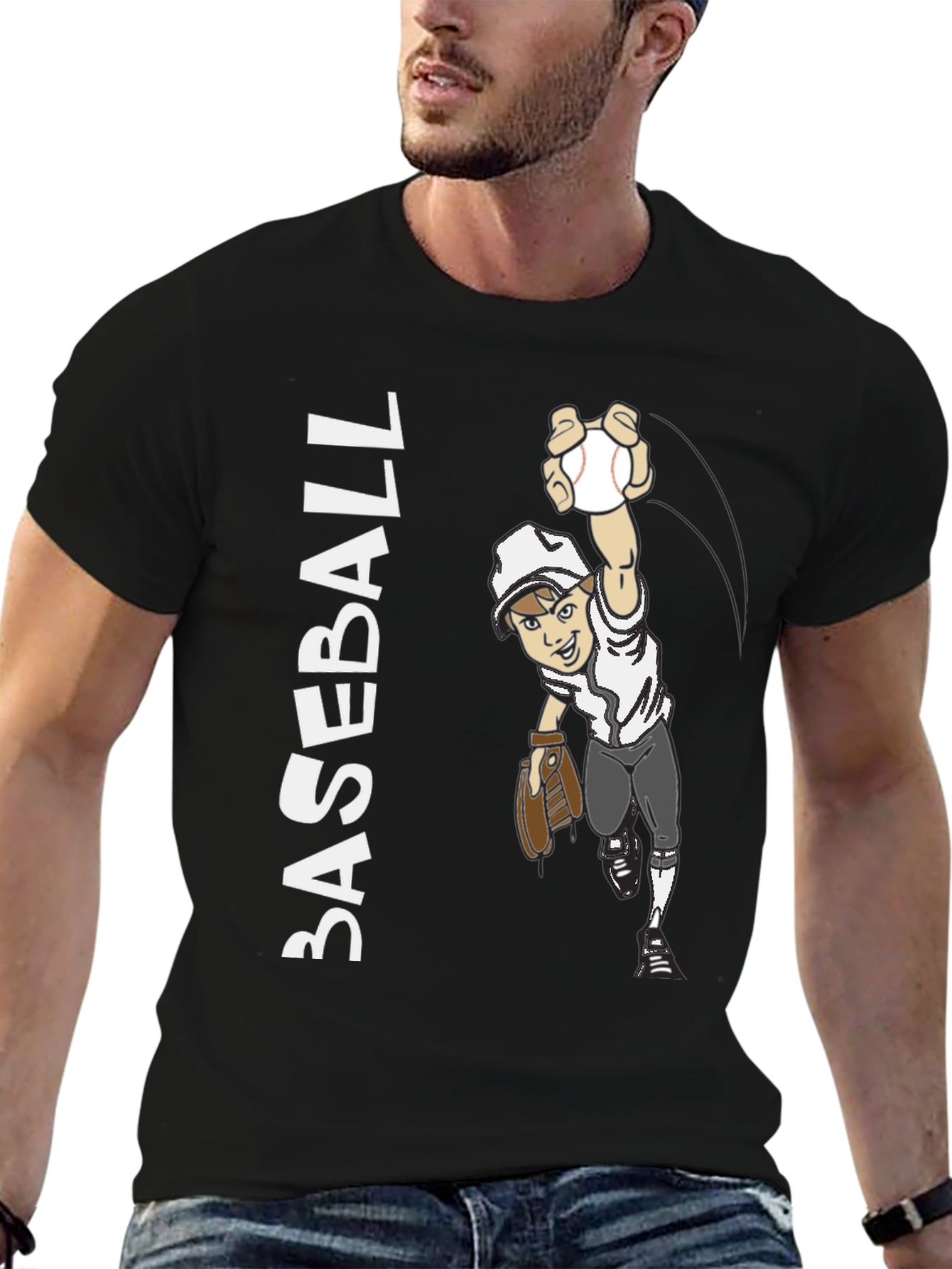 Black Cartoon Baseball Player Graphic Tee - Black Cotton Blend view 6