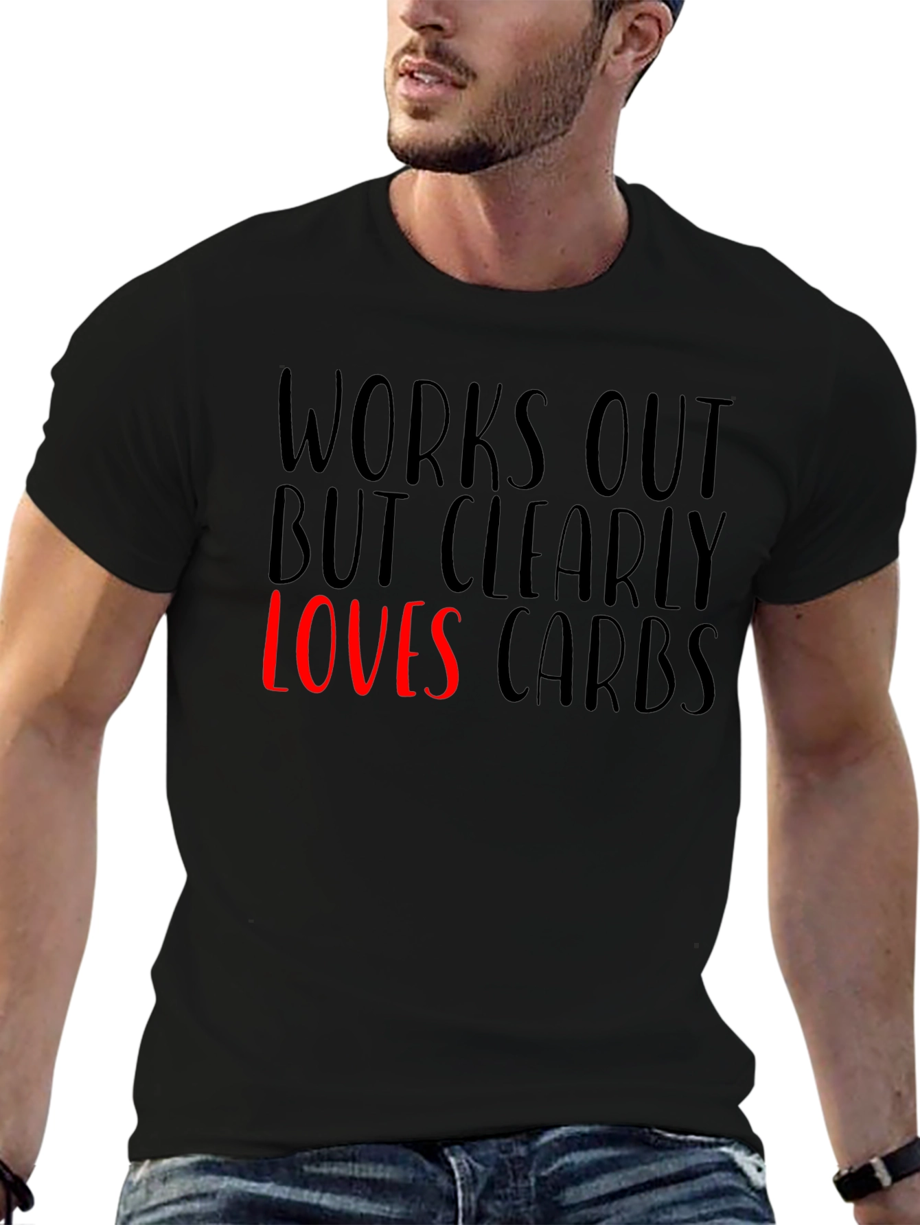 Black Funny Works Out Loves Carbs Graphic T-Shirt view 6