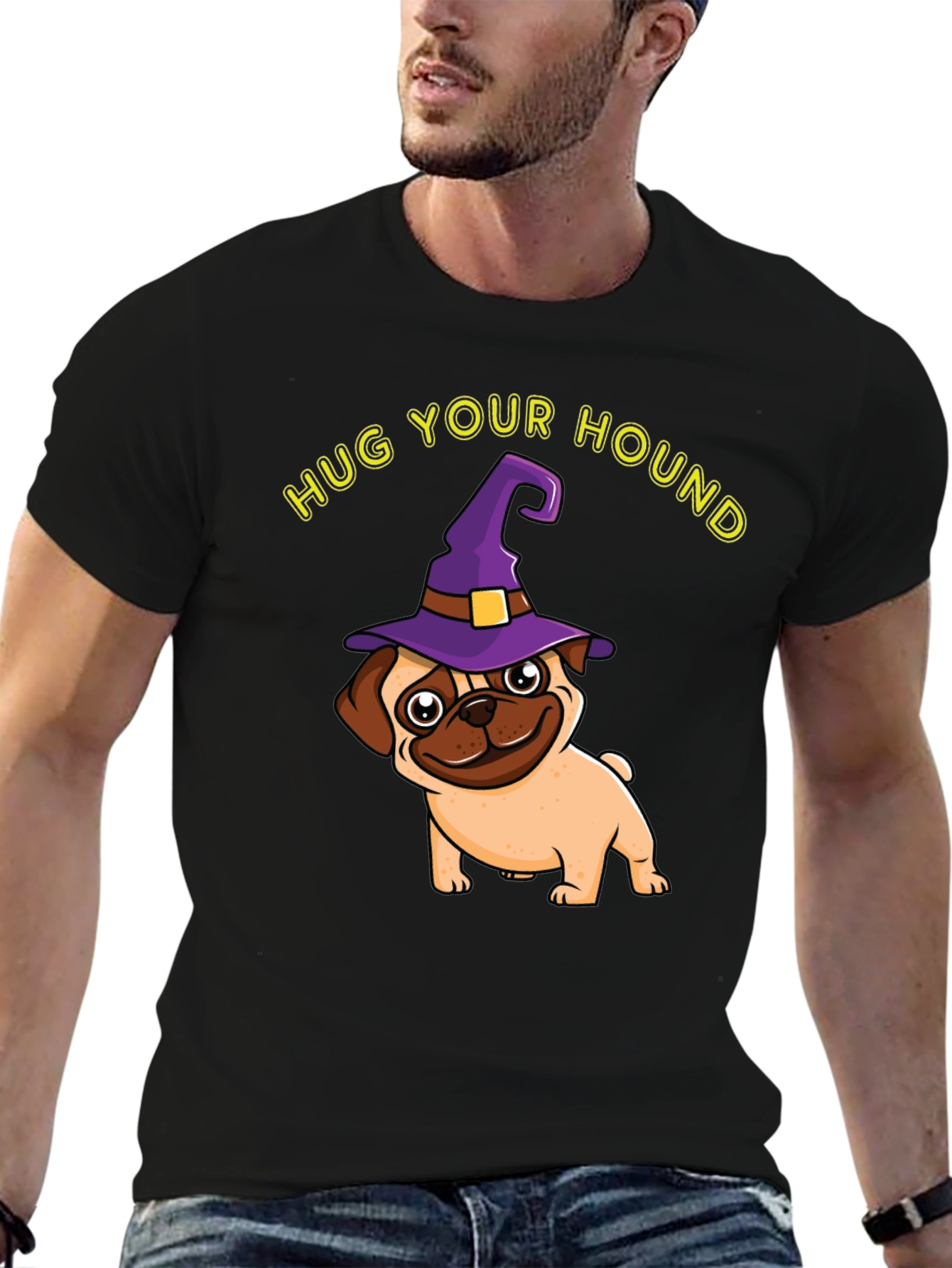 Black Hug Your Hound Pug Halloween T-Shirt view 6