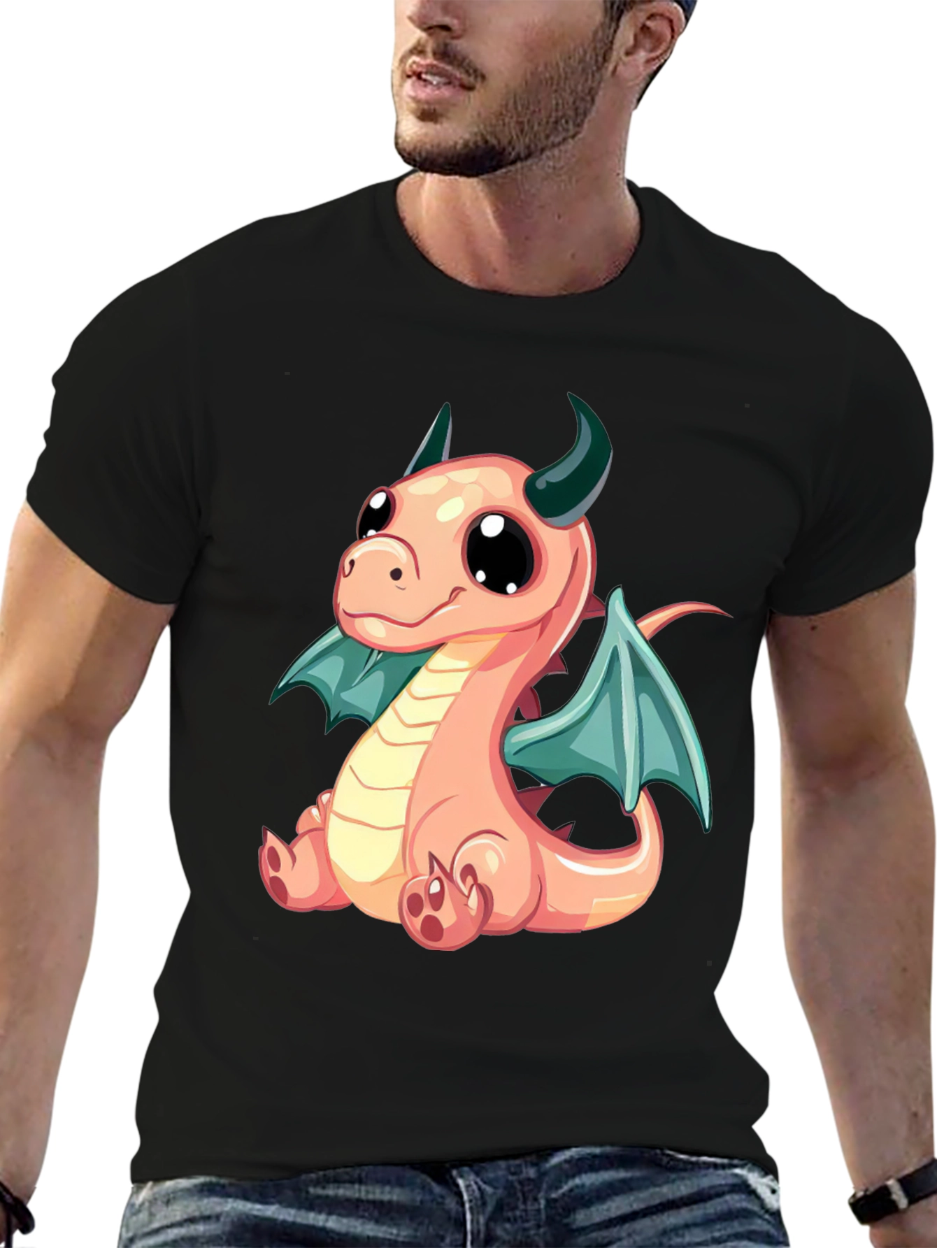 Black Cute Cartoon Dragon Graphic Tee - Black view 6