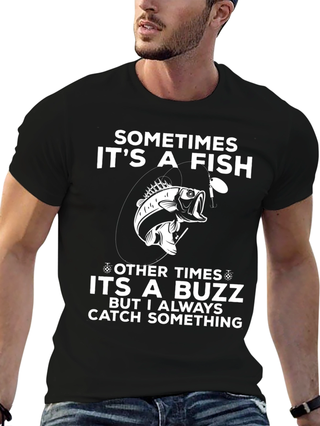 Black Funny Fishing T-Shirt - Sometimes It's a Fish view 6