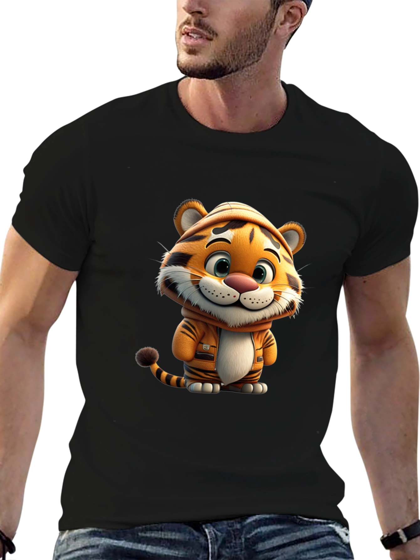 Black Cute Cartoon Tiger Black T-Shirt view 6