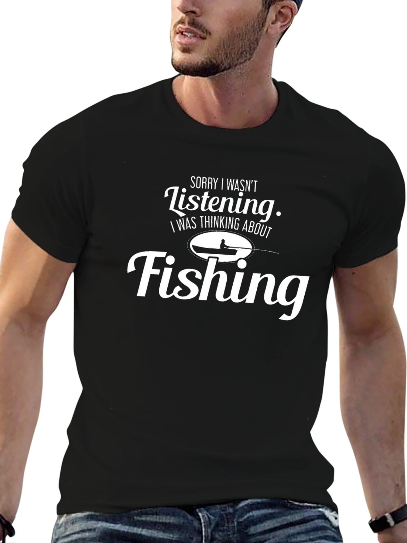 Black Funny Fishing T-Shirt - Sorry Wasn't Listening view 6