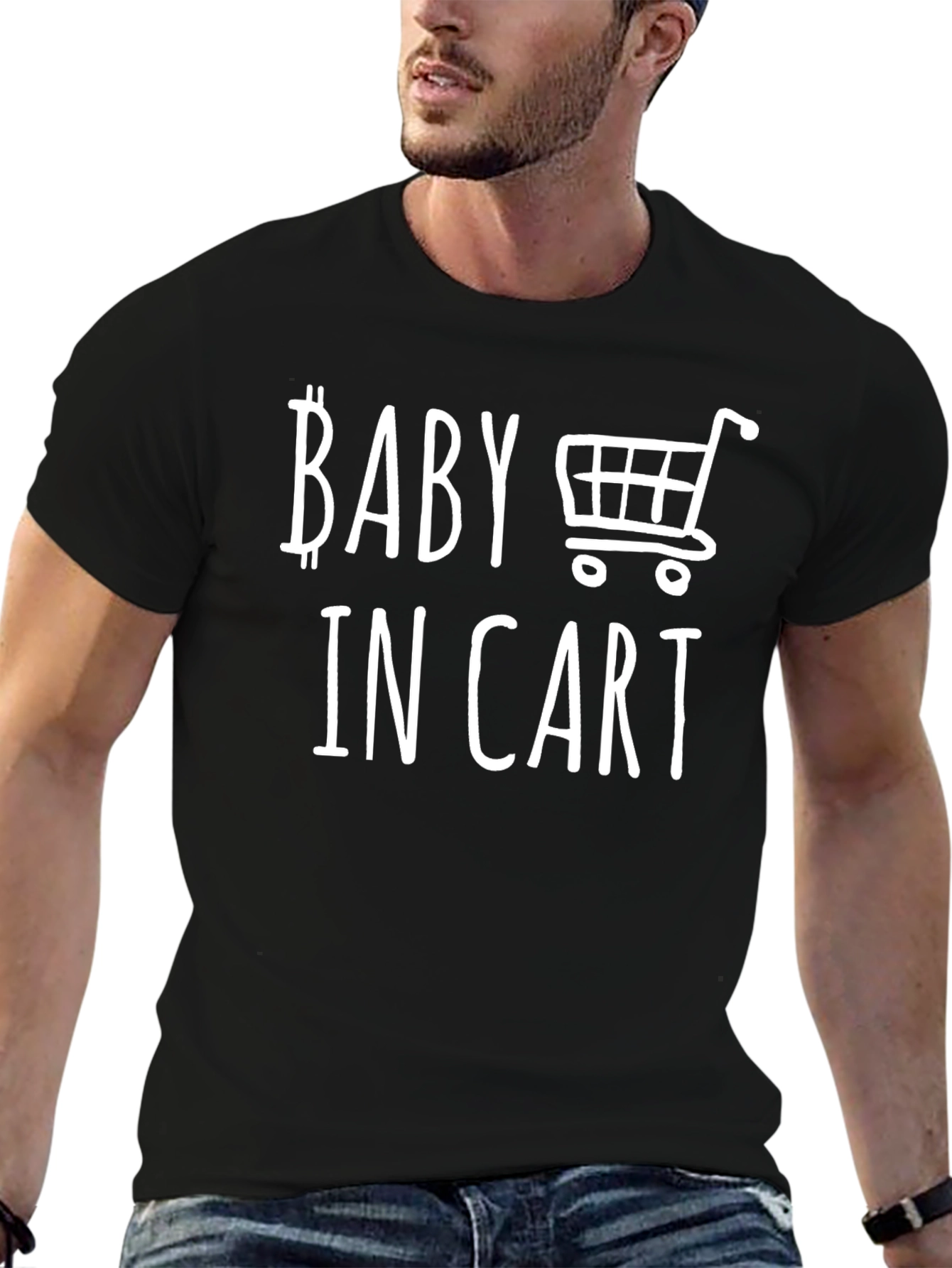 Black Baby In Cart Graphic T-Shirt - Black Cotton Tee view 6