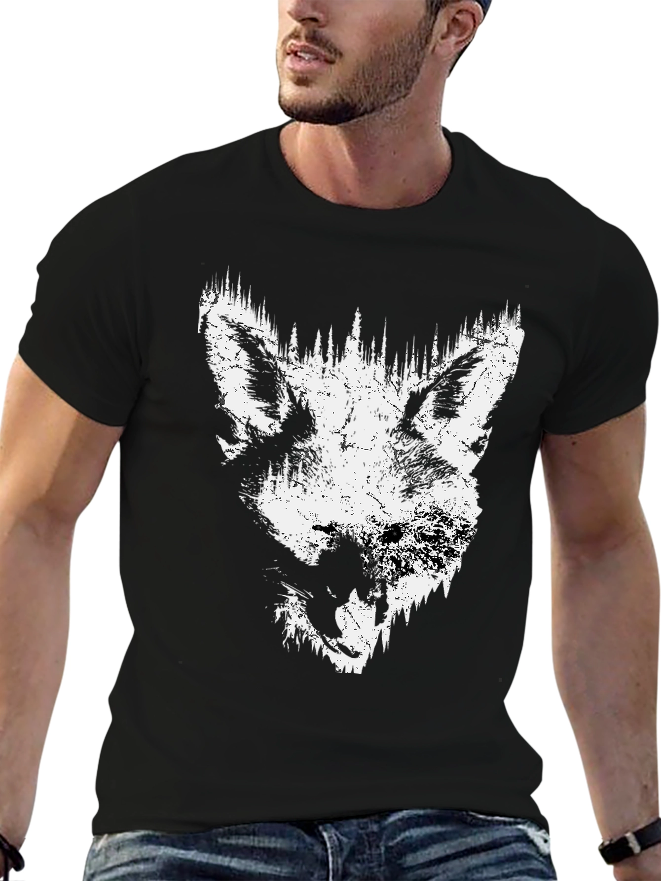 Black Wolf Graphic Print Black T-Shirt view 6