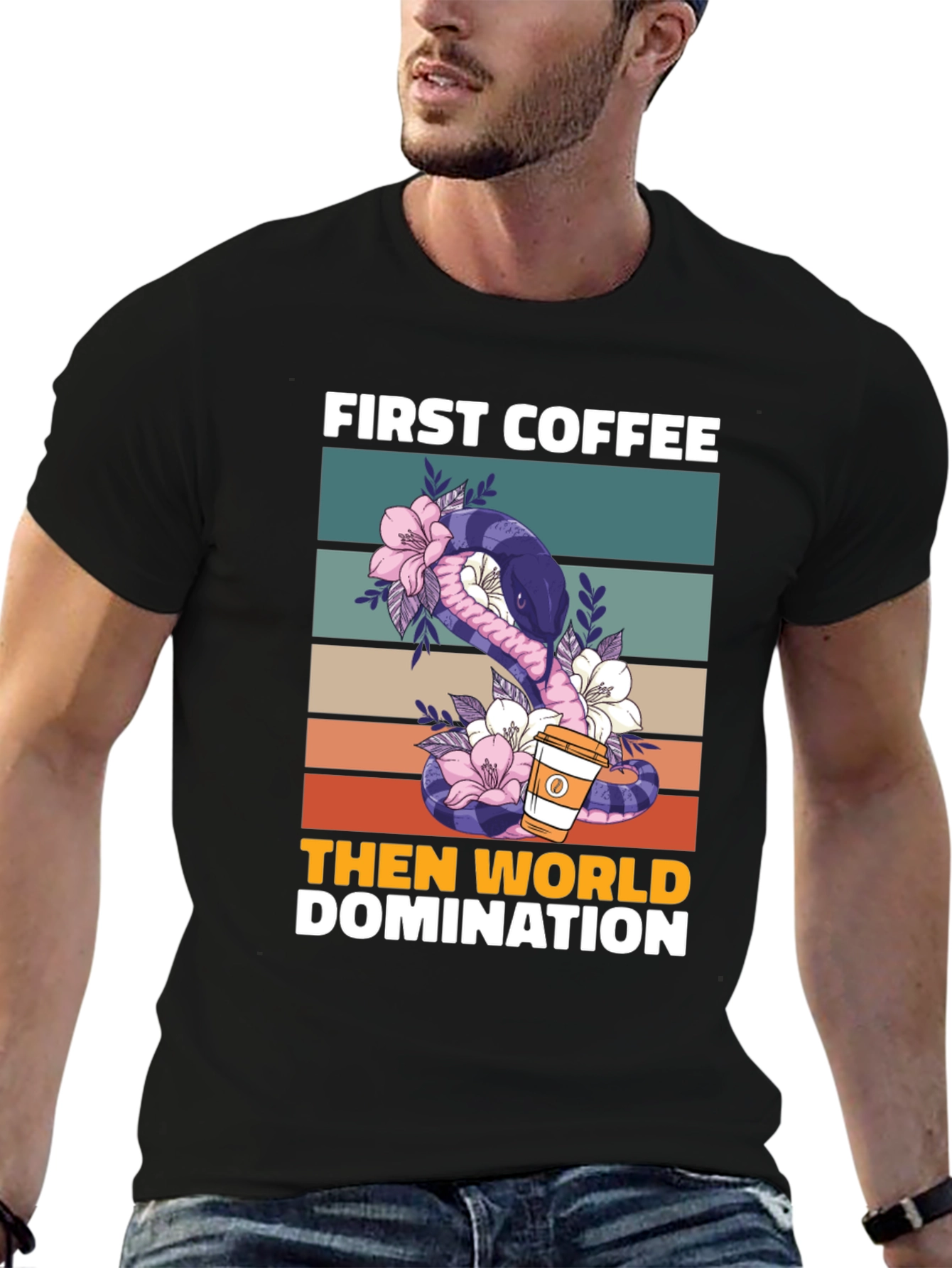 Black First Coffee Then World Domination T-Shirt view 6