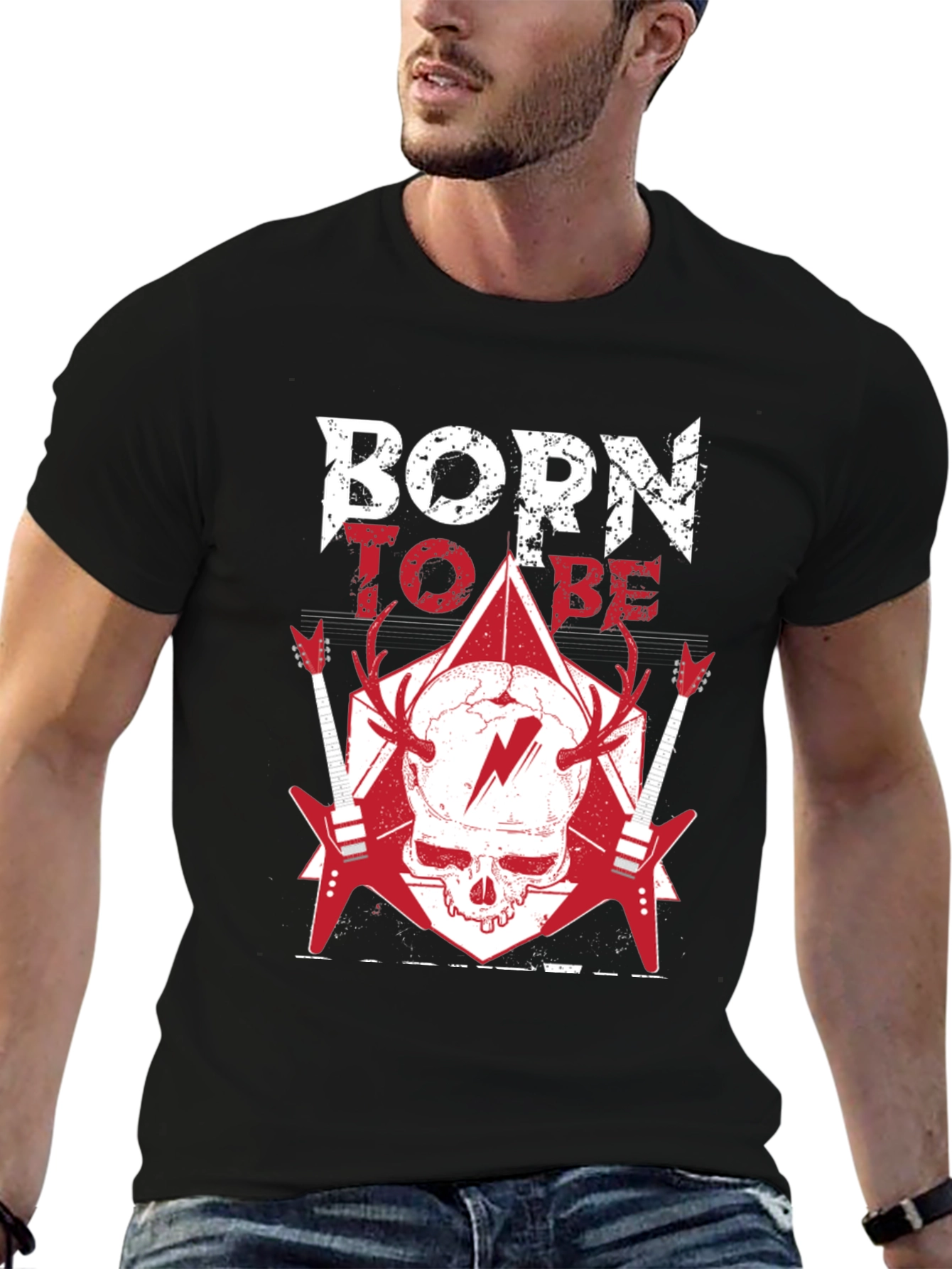 Black Born To Be T-Shirt: Rock & Roll Skull Tee view 6