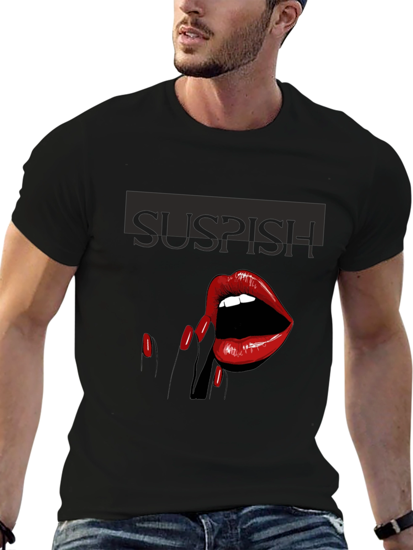 Black Suspish Lips Graphic Tee - Black Cotton T-Shirt view 6