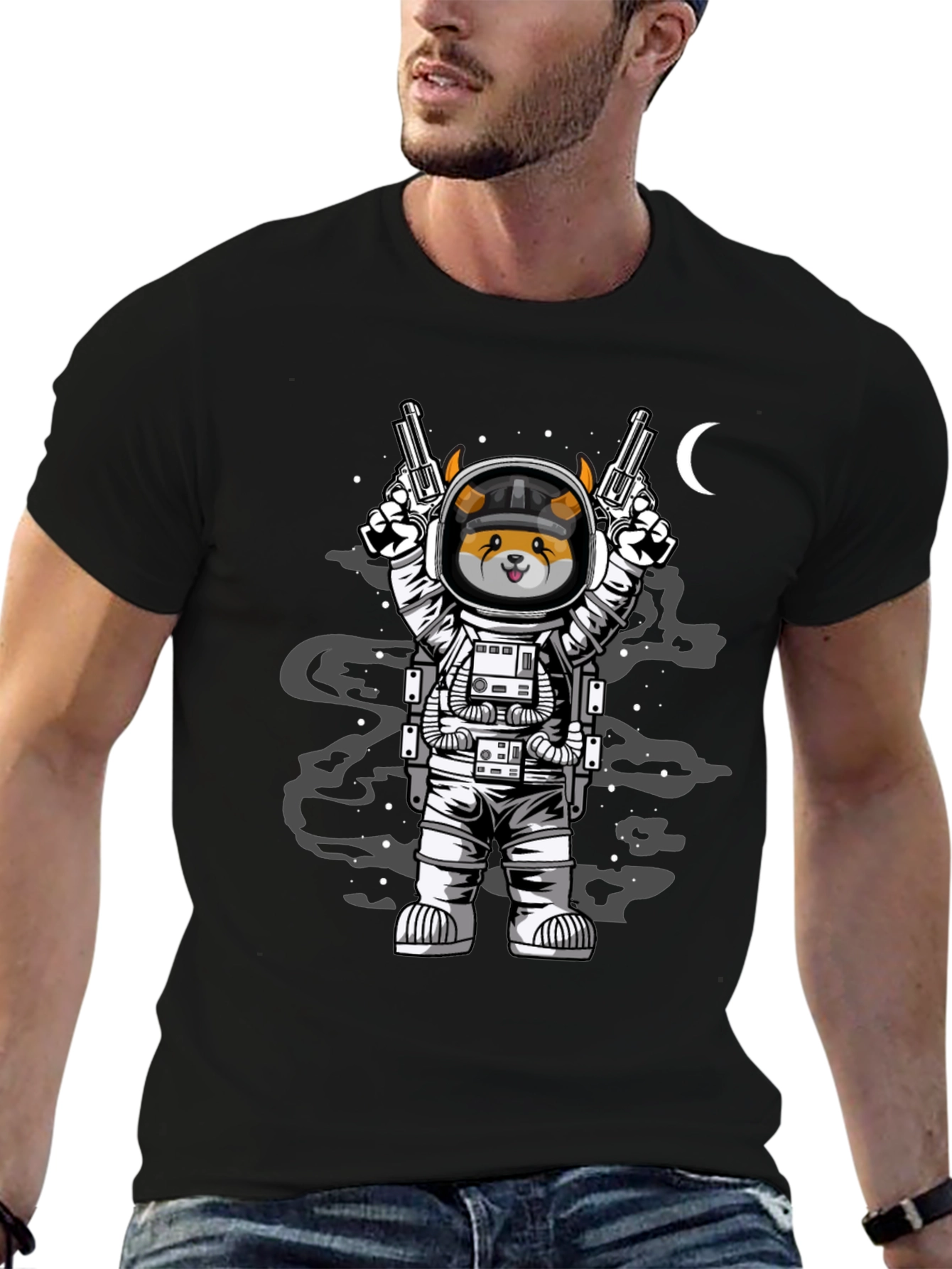 Black Space Dog T-Shirt - Astronaut Doge with Guns view 6