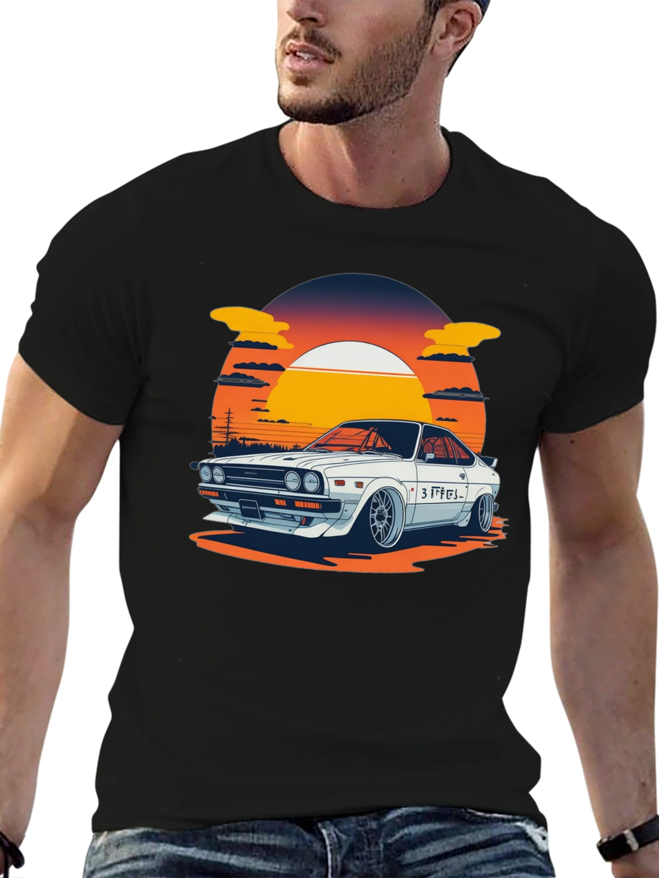 Black Retro Car Graphic Tee - Sunset Style view 6