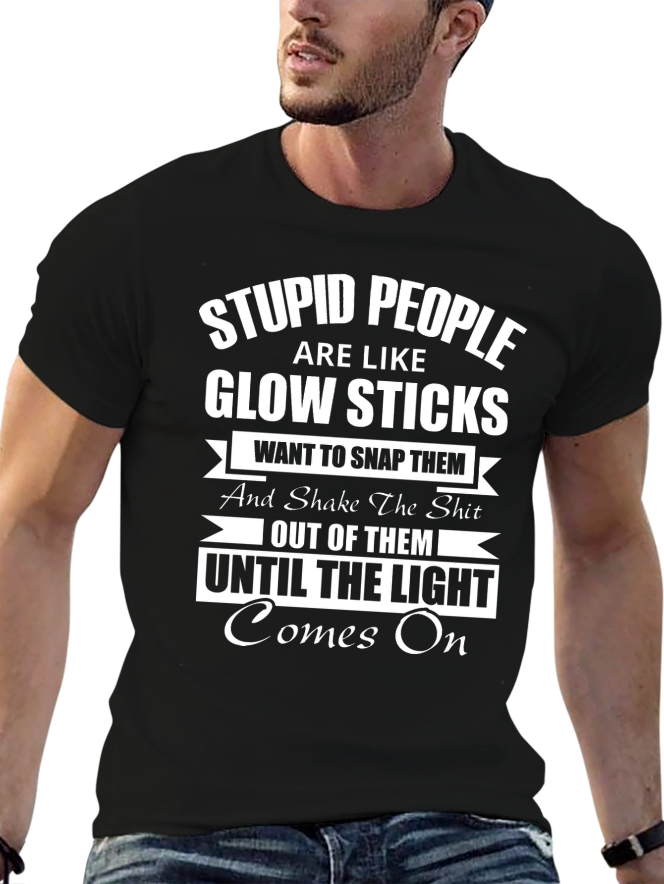 Black Stupid People Glow Sticks Graphic T-Shirt view 6