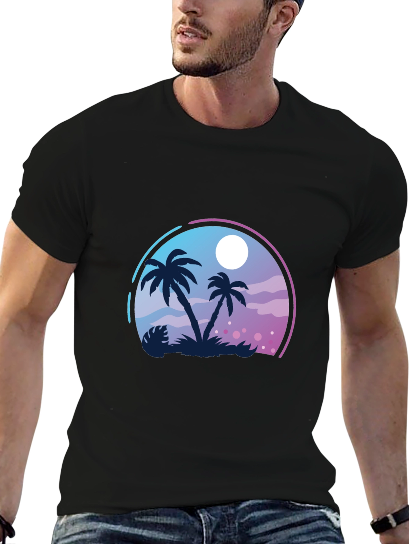 Black Tropical Palm Tree Graphic Black T-Shirt view 6