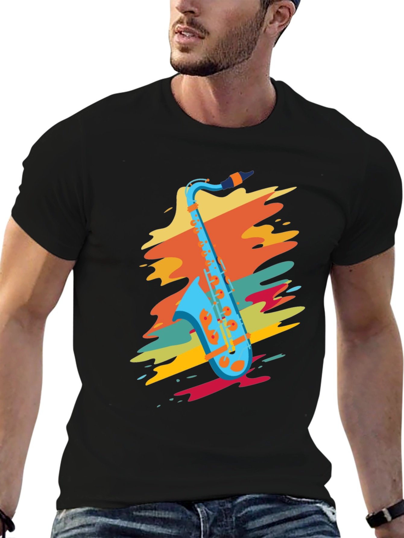 Black Stylish Saxophone Graphic T-Shirt view 6