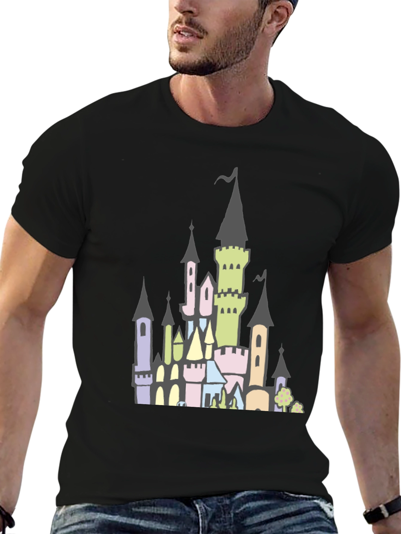 Black Fantasy Castle Graphic Tee - Black Cotton Shirt view 6