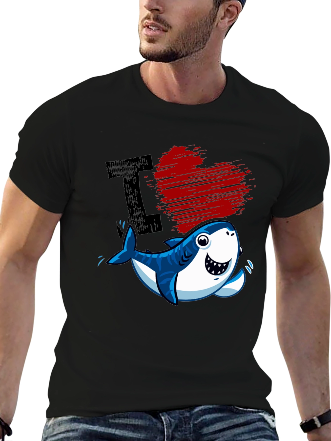 Black I Love Sharks T-Shirt - Cute Cartoon Graphic Tee view 6