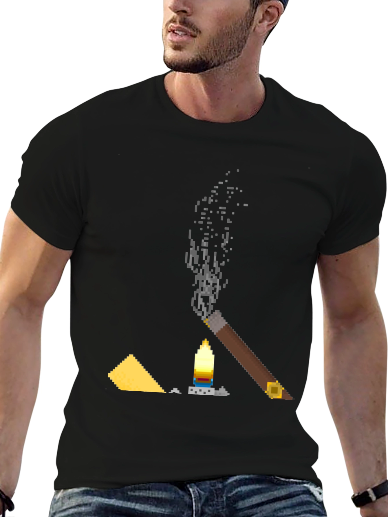 Pixel Art Cigar & Candle Graphic T-Shirt - 6