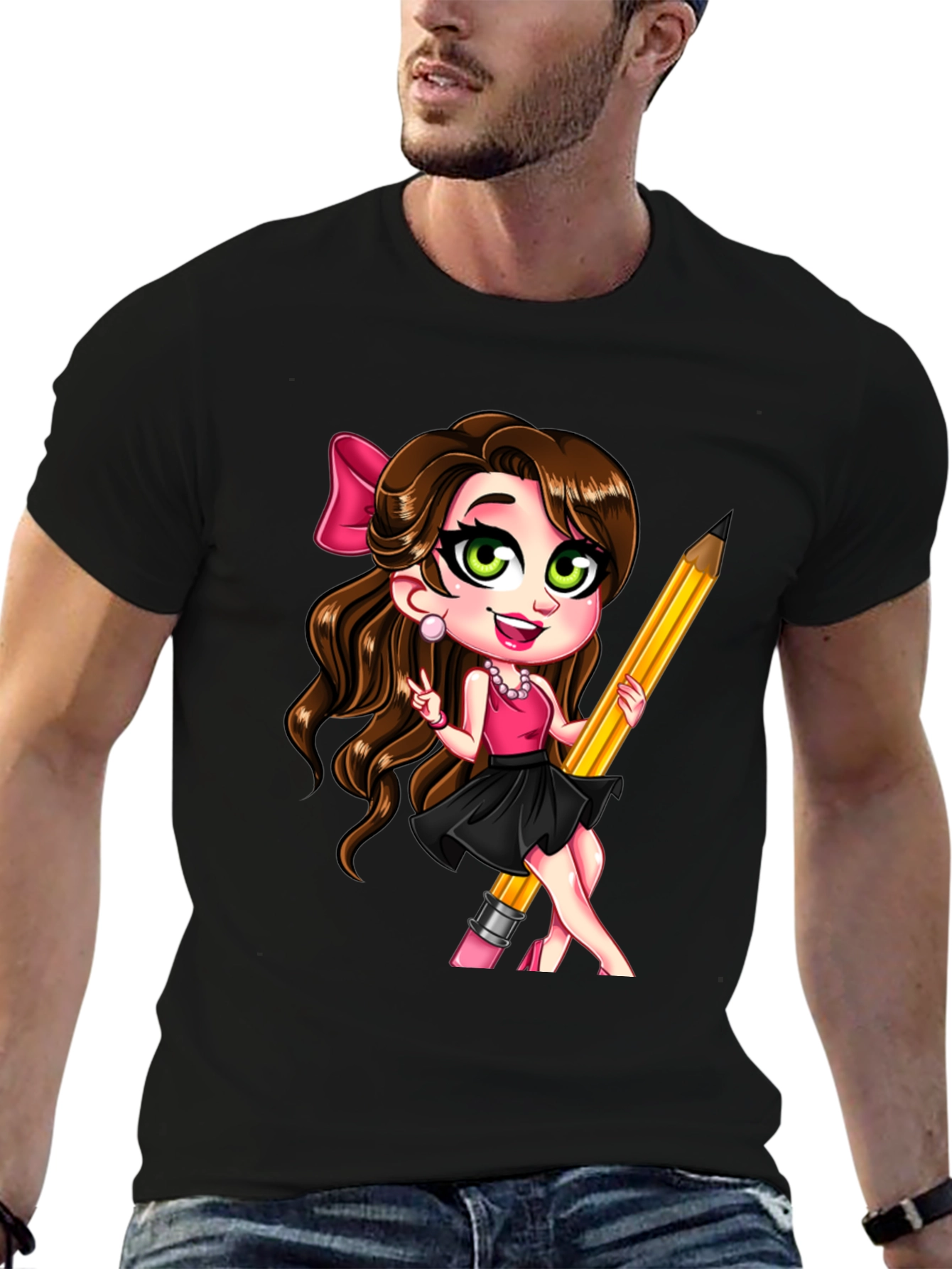 Black Fun Cartoon Girl with Pencil Black T-Shirt view 6