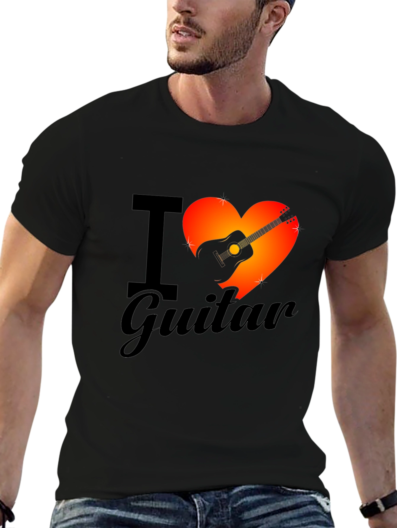 Black I Heart Guitar Graphic Tee - Black Cotton T-Shirt view 6