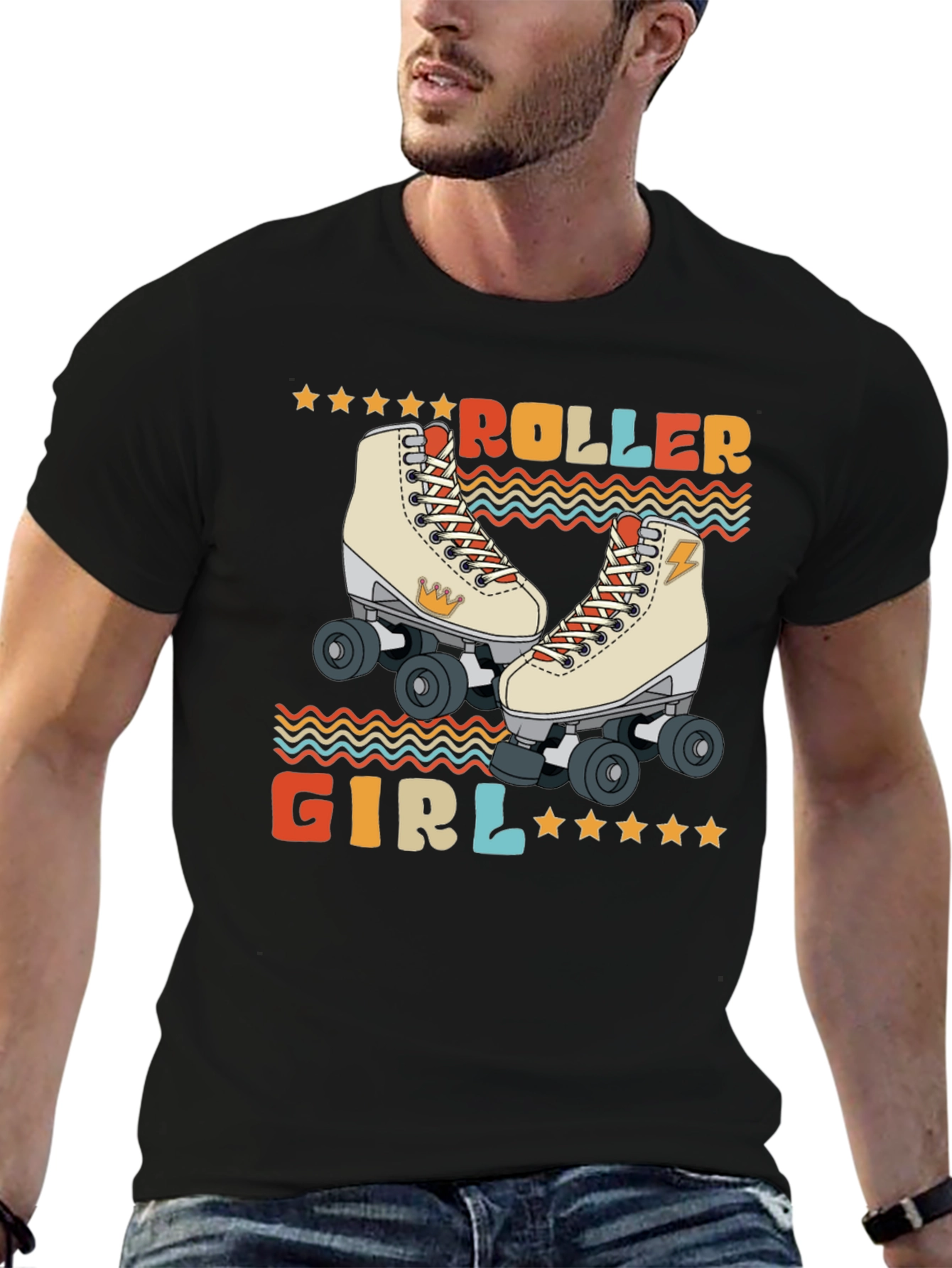 Black Retro Roller Girl T-Shirt - Vintage Style Skate Tee view 6