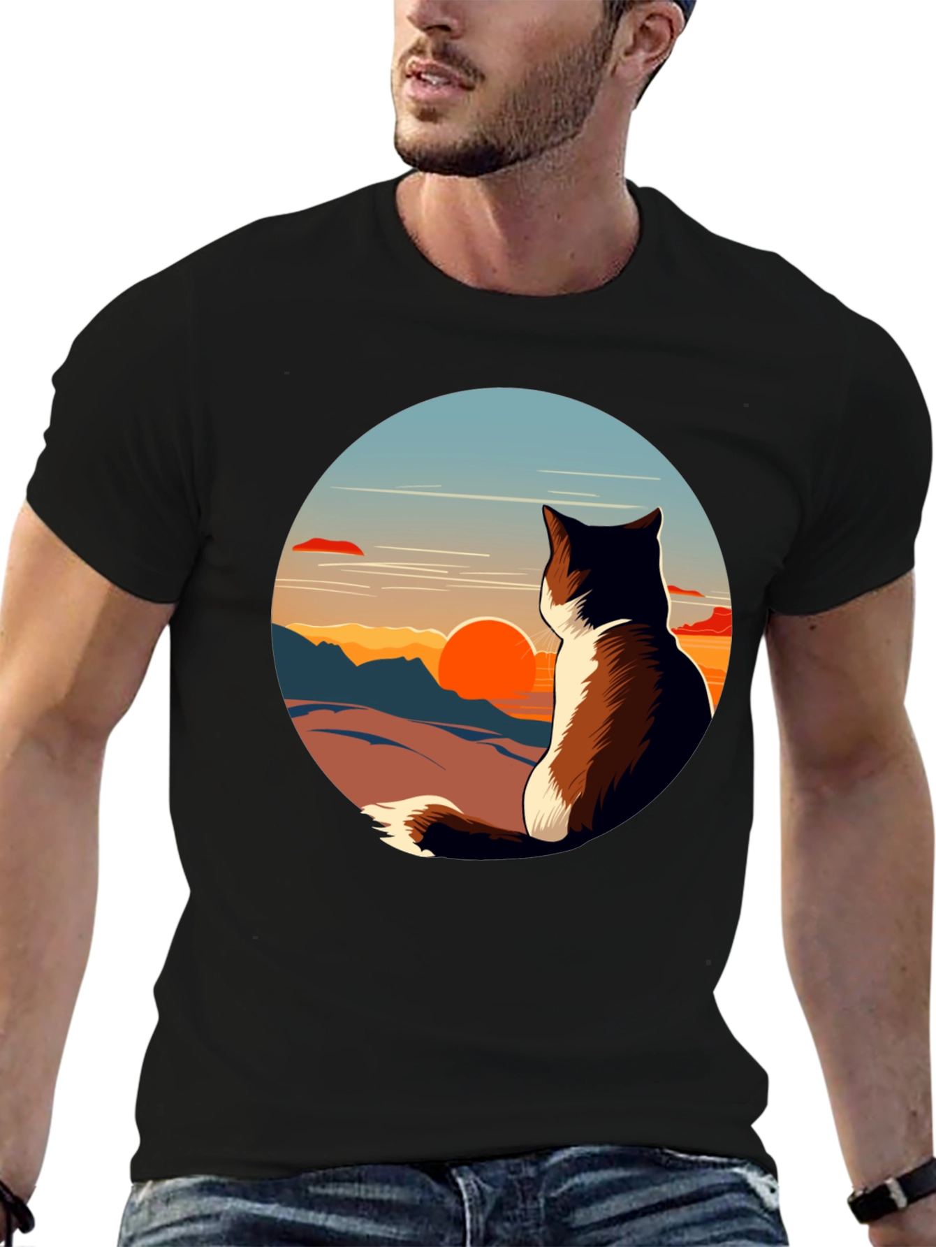 Black Sunset Cat Graphic Tee - Unisex Black T-Shirt view 6