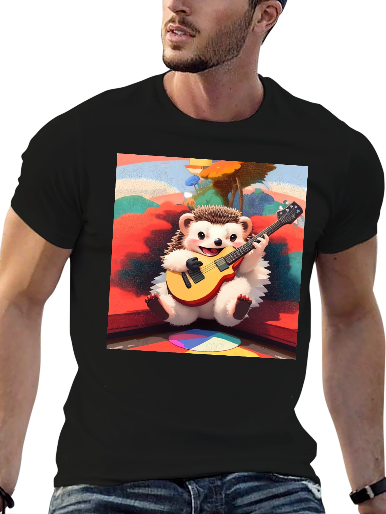 Black Playful Hedgehog Guitarist Graphic Tee view 6
