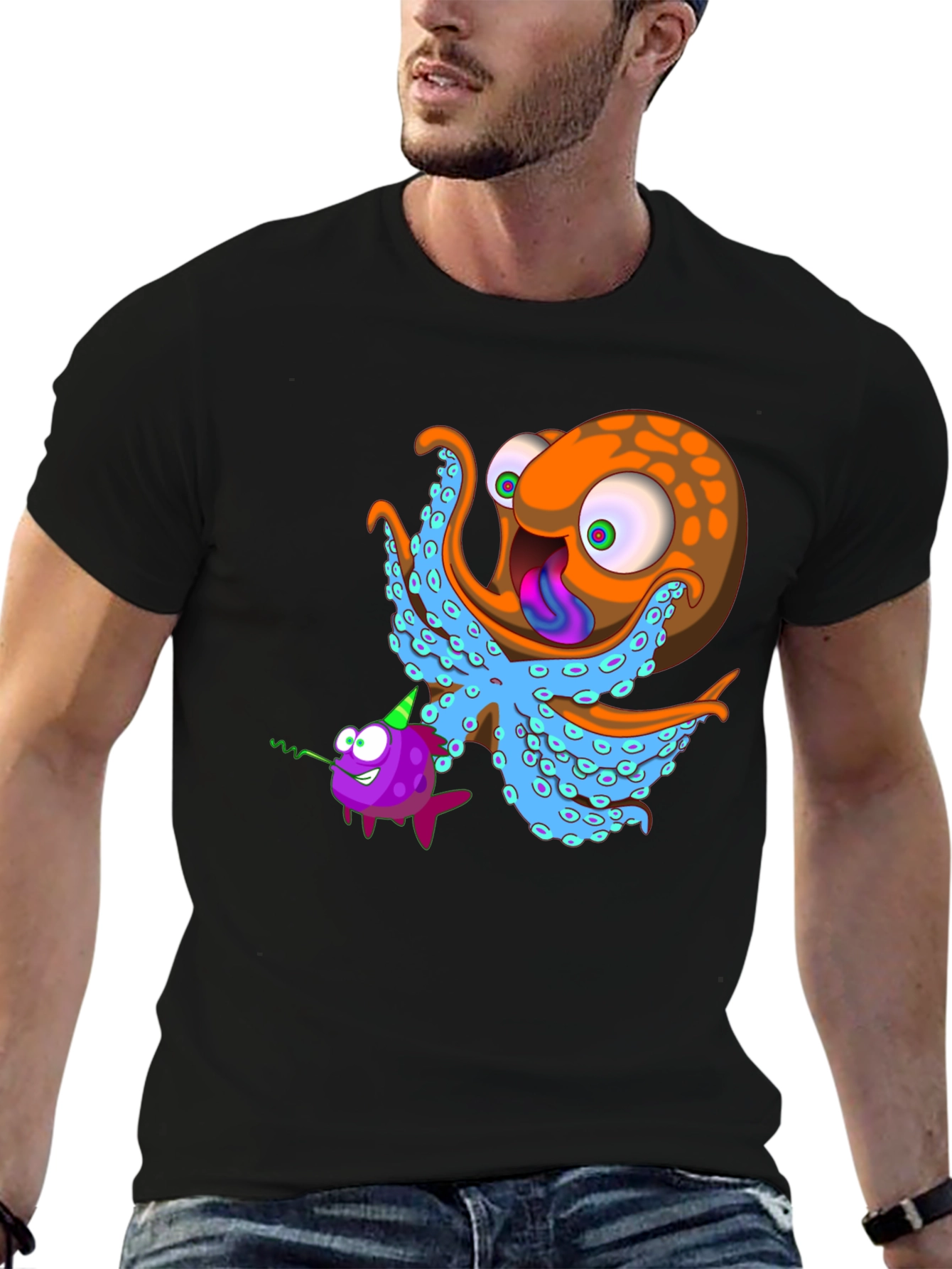 Black Octopus & Fish Graphic Tee - Unique Cartoon Design view 6