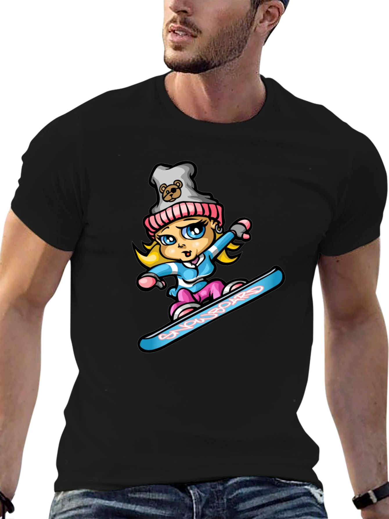 Black Snowboard Girl T-Shirt - Cartoon Graphic Tee view 6