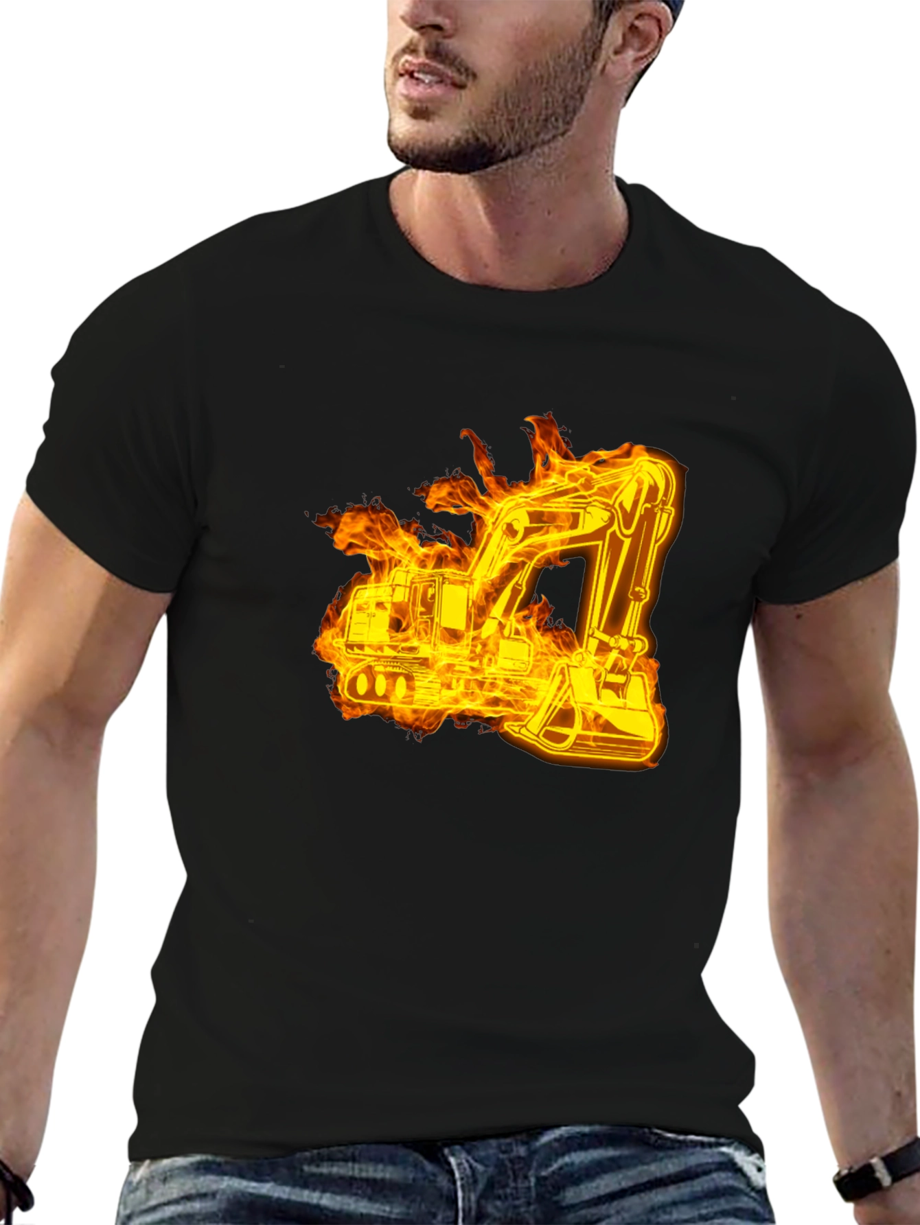 Black Fiery Excavator Black T-Shirt - Construction Tee view 6