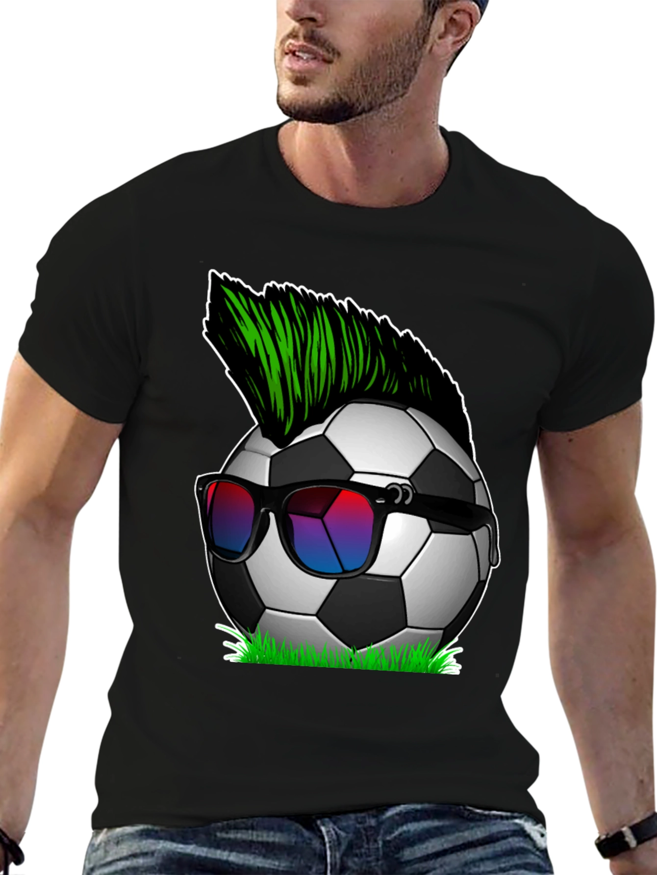 Black Soccer Ball Mohawk Graphic Tee - Cool & Unique! view 6