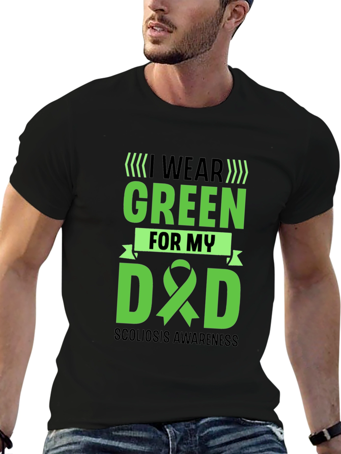 Black Scoliosis Awareness T-Shirt: I Wear Green for My Dad view 6