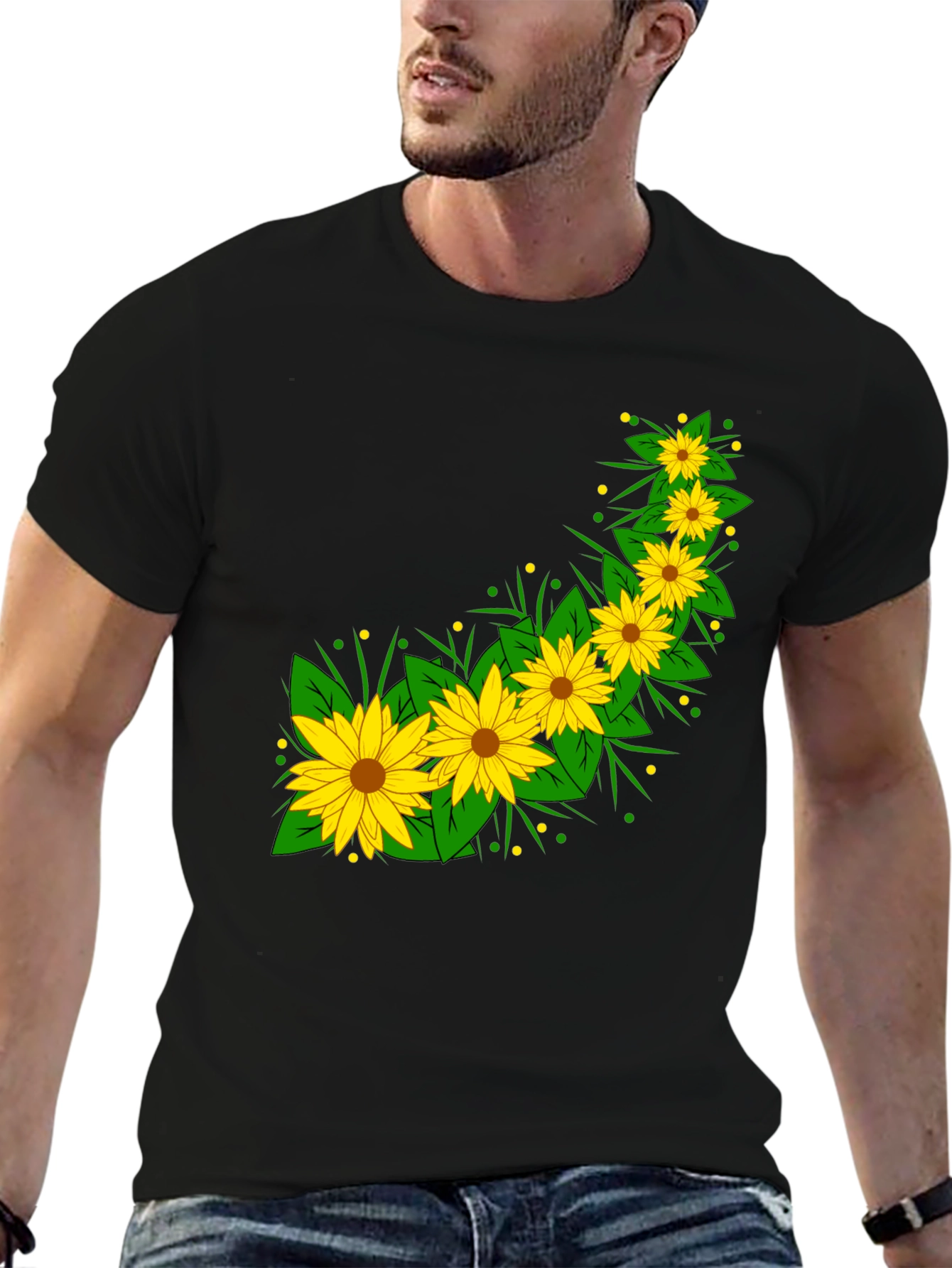 Black Sunflower Print Black T-Shirt view 6