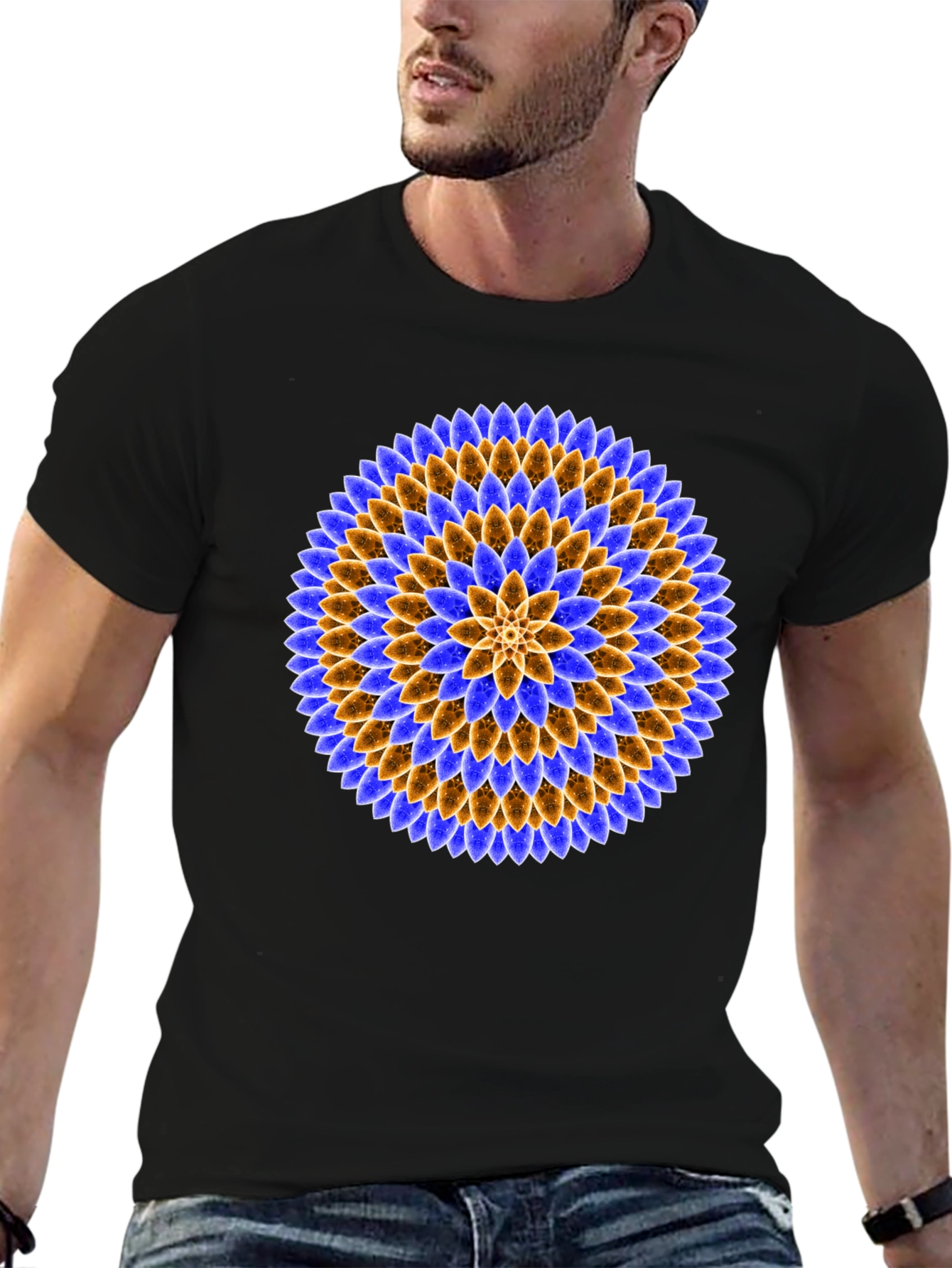 Black Floral Mandala Graphic Tee - Black Cotton T-Shirt view 6