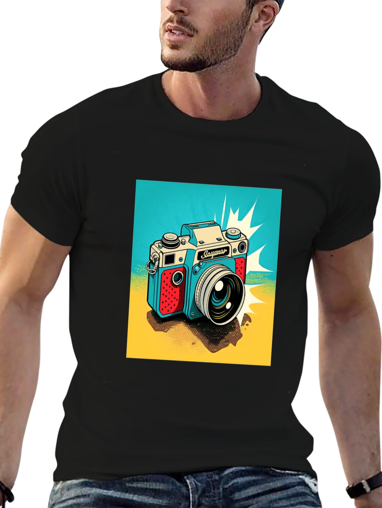 Black Retro Camera Graphic Tee - Black Cotton T-Shirt view 6
