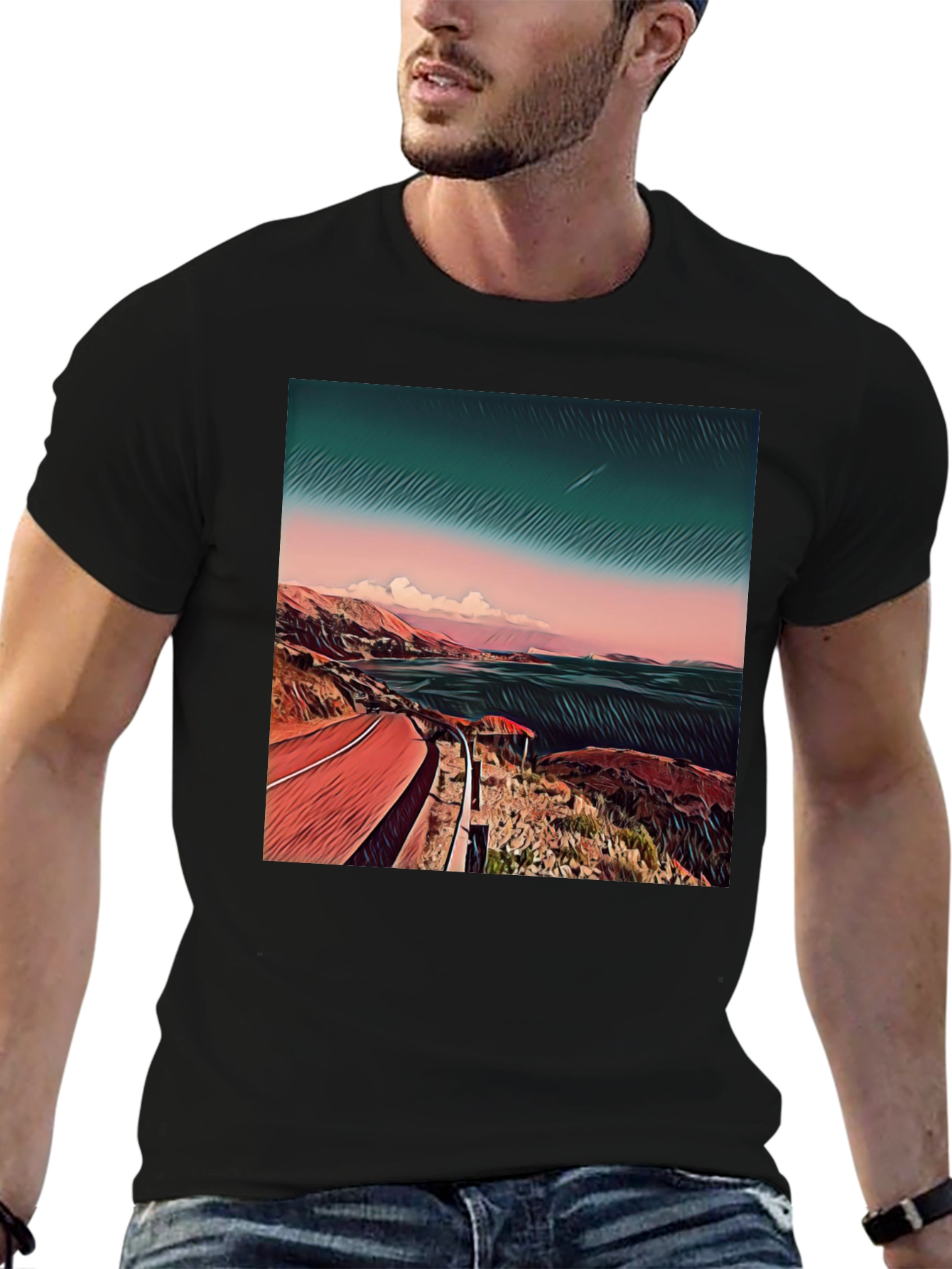 Black Coastal Road Graphic Tee - Men's Black T-Shirt view 6