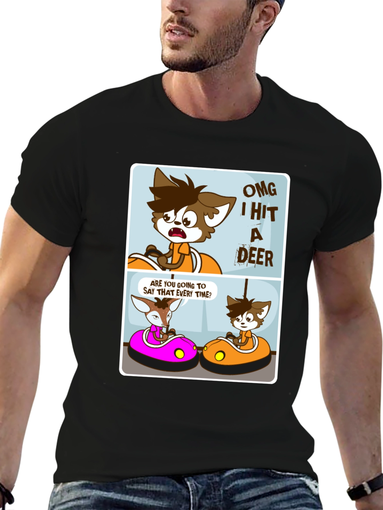 Black Cartoon Deer Bumper Cars Black T-Shirt view 6