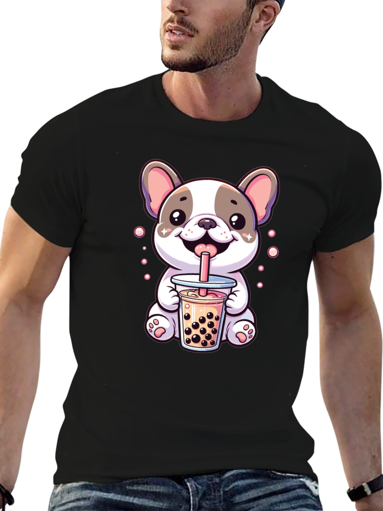 Black Cute Dog Bubble Tea Graphic Tee view 6