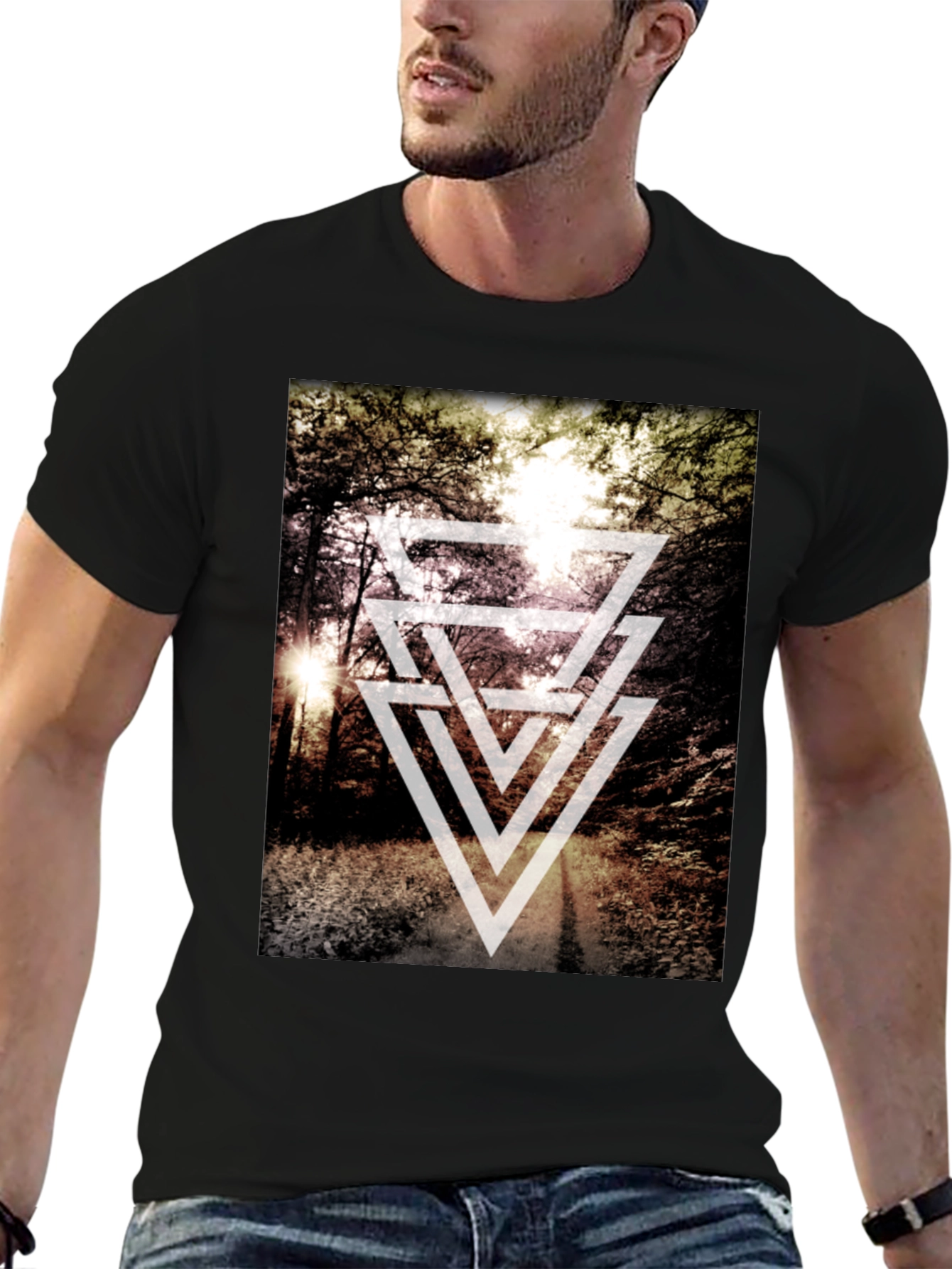 Black Geometric Forest Print T-Shirt - Modern Style view 6