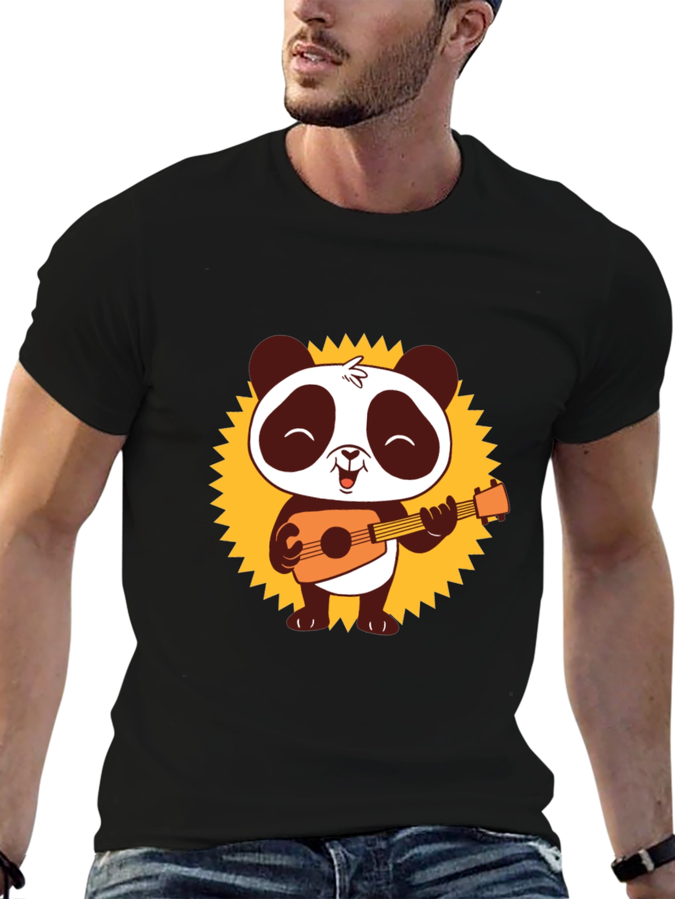 Black Panda Guitar T-Shirt - Black Cotton Tee view 6