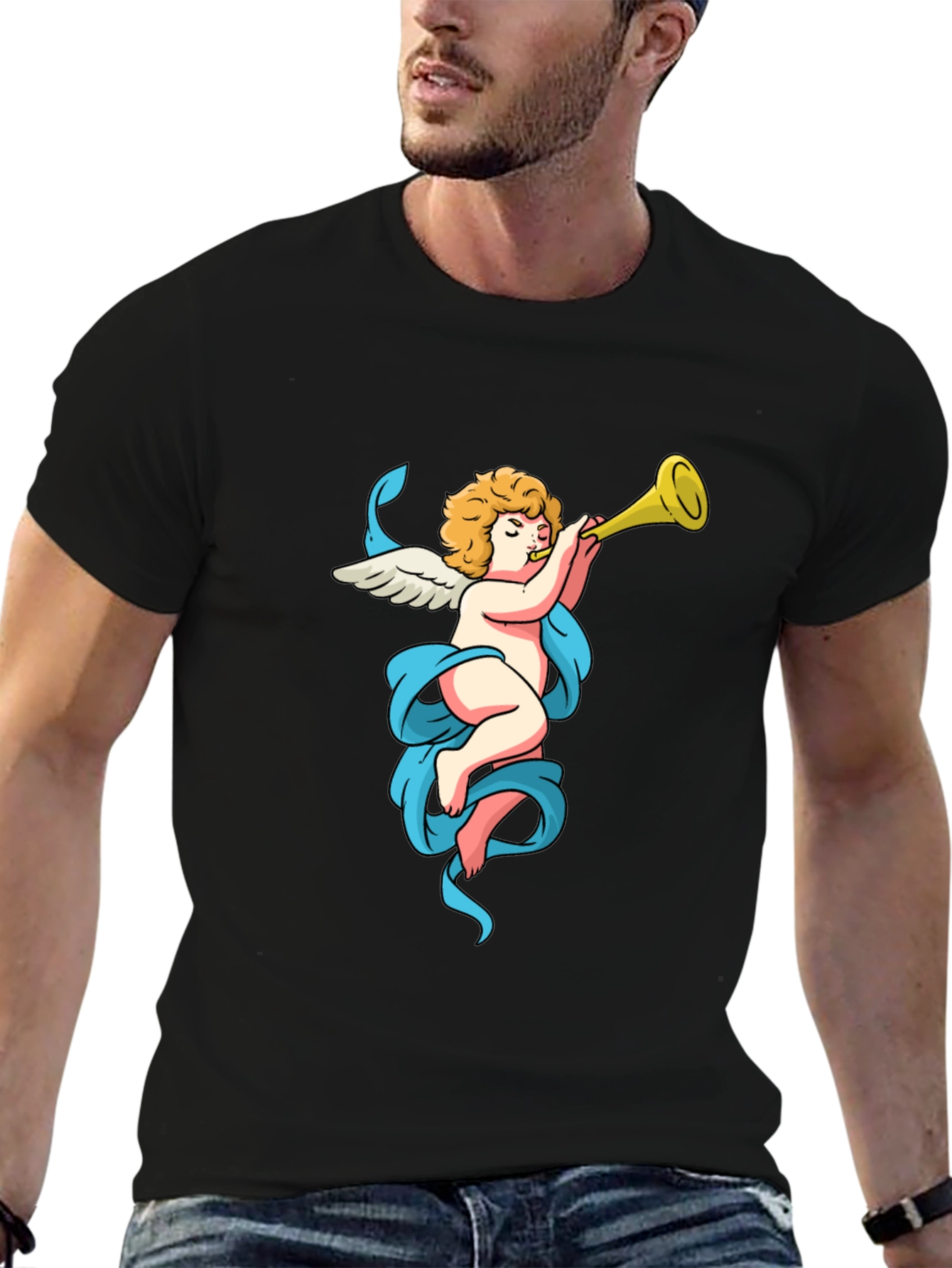Black Cherub Trumpet Graphic Tee - Soft Cotton Comfort view 6