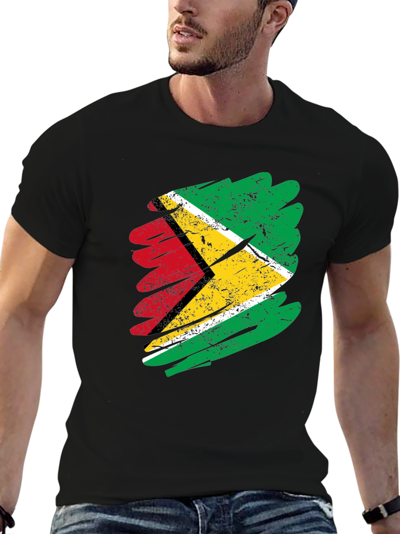 Black Guyana Flag Brush Stroke Men's Black T-Shirt view 6