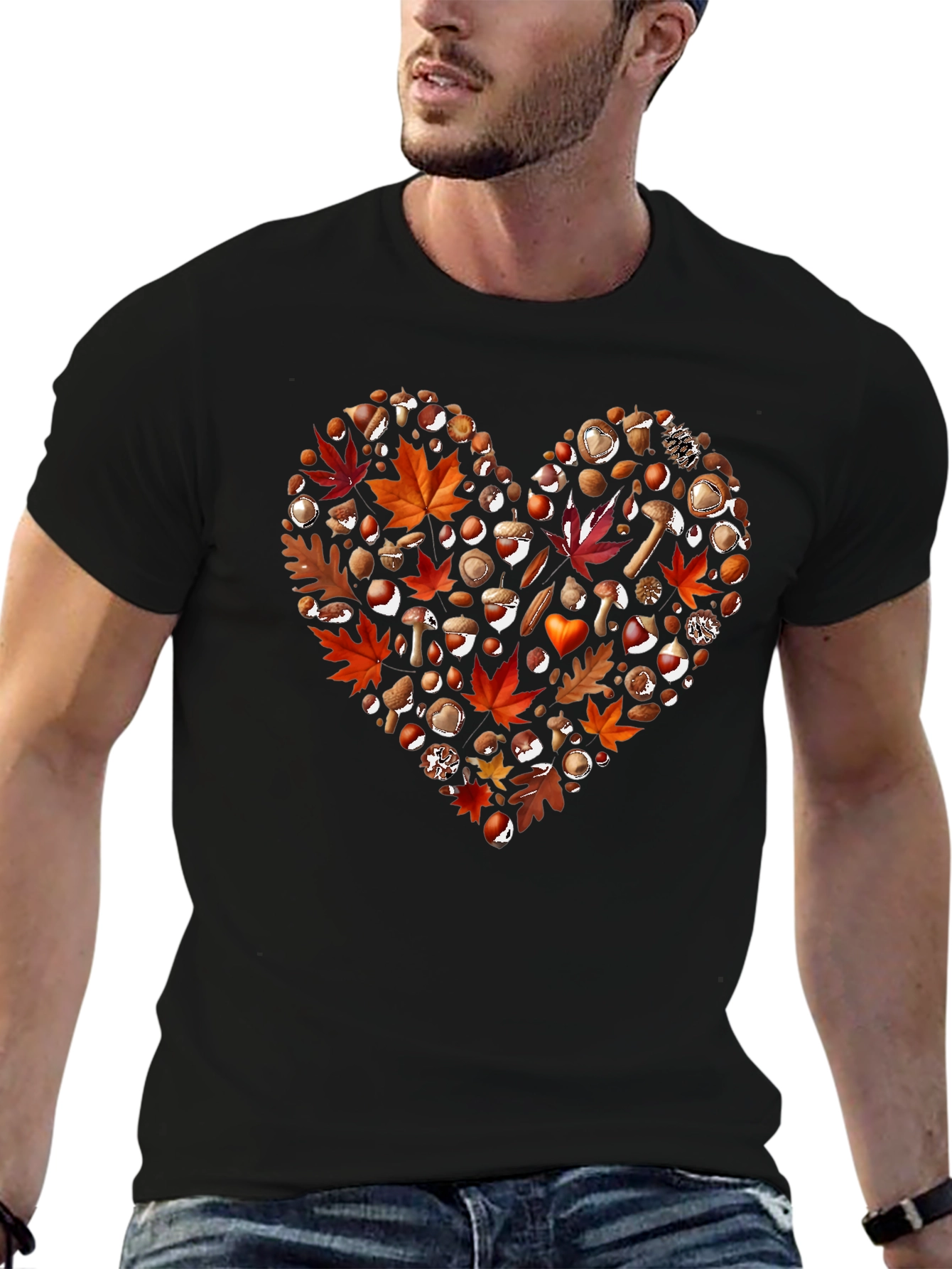 Black Autumn Love T-Shirt: Fall Leaves & Mushrooms view 6