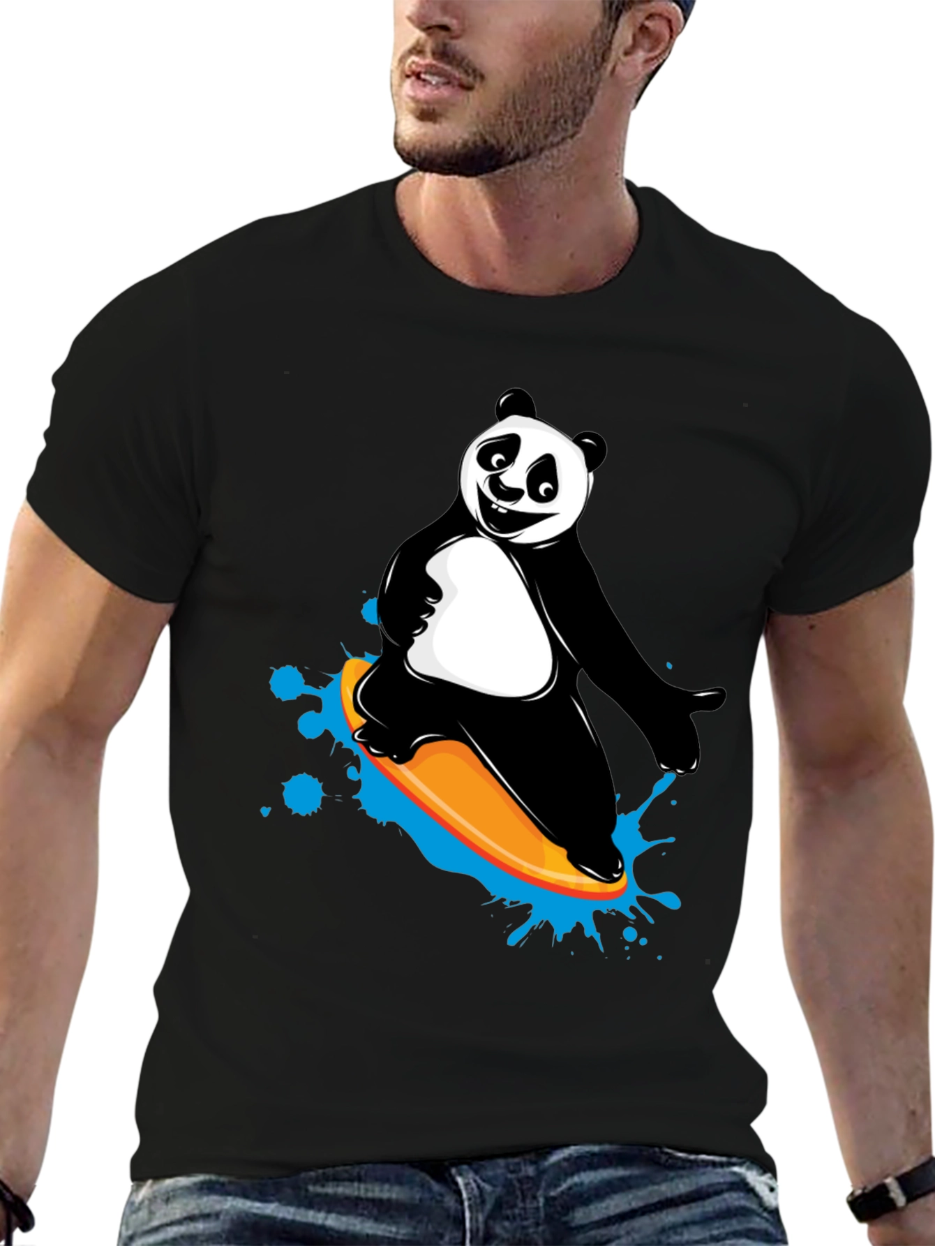 Black Panda Surfing Graphic Tee - Fun Black T-Shirt view 6