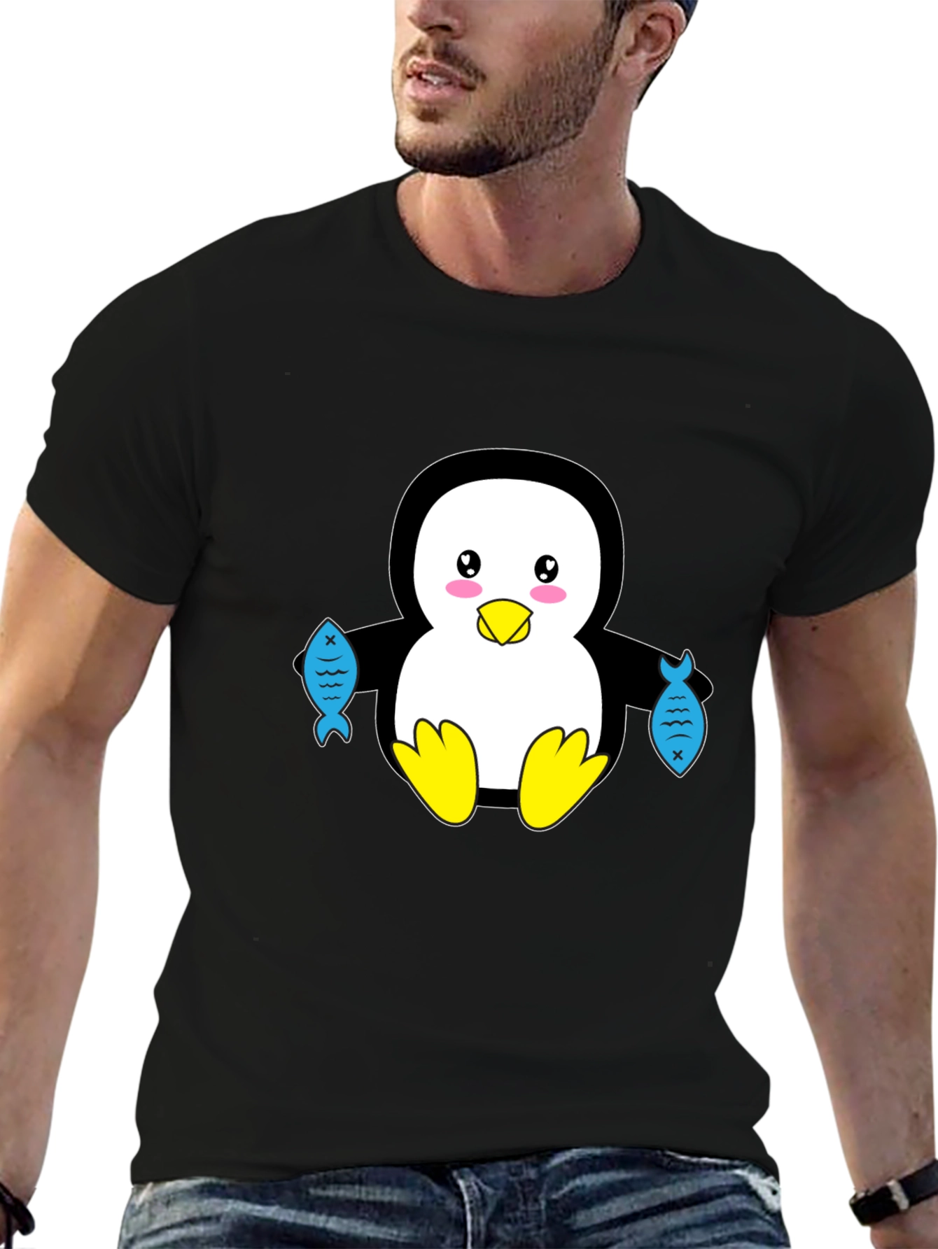 Black Cute Penguin Holding Fish Graphic T-Shirt view 6