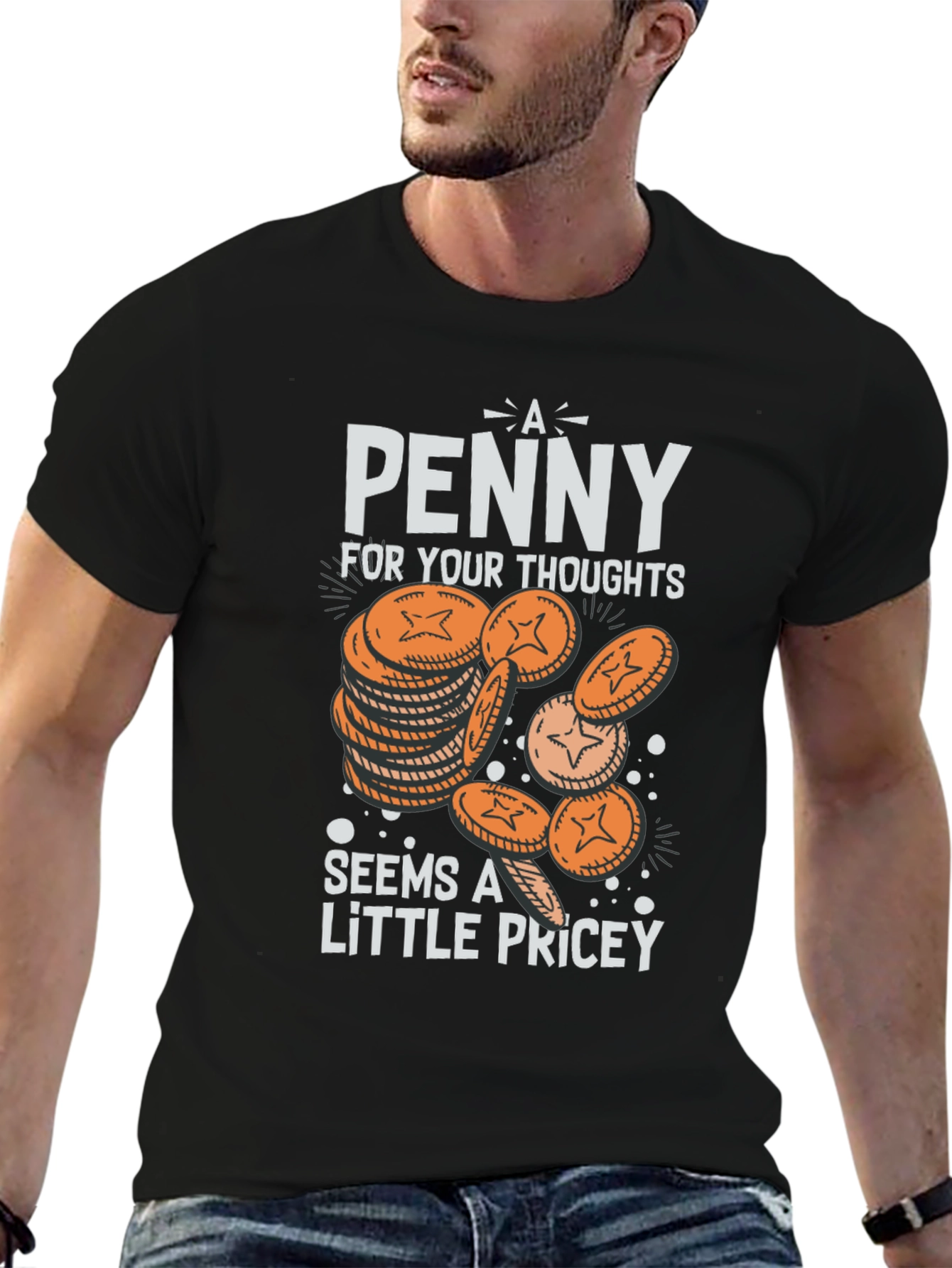 Black Funny 'A Penny For Your Thoughts' Graphic T-Shirt view 6