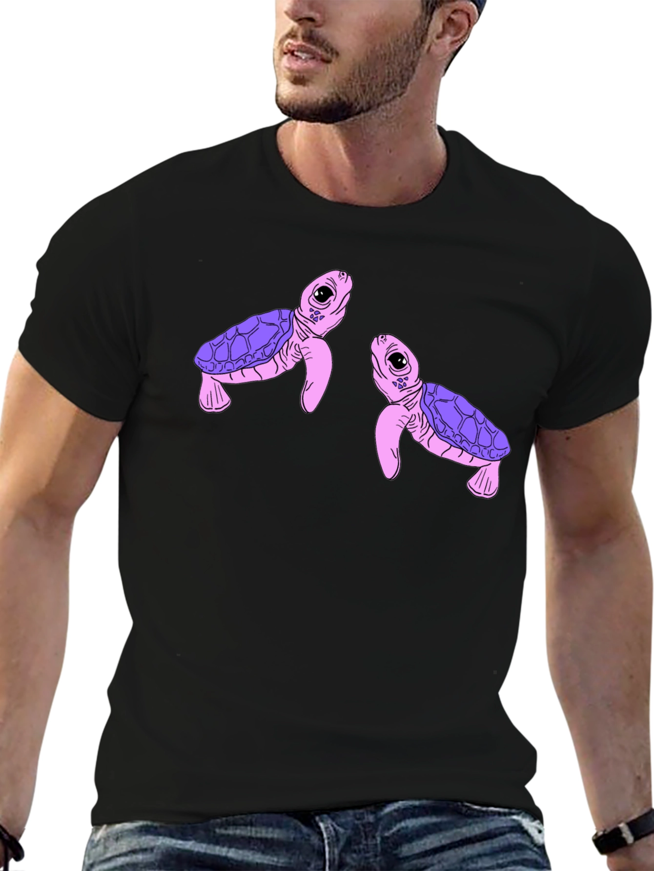 Black Cute Turtle Graphic Black T-Shirt view 6