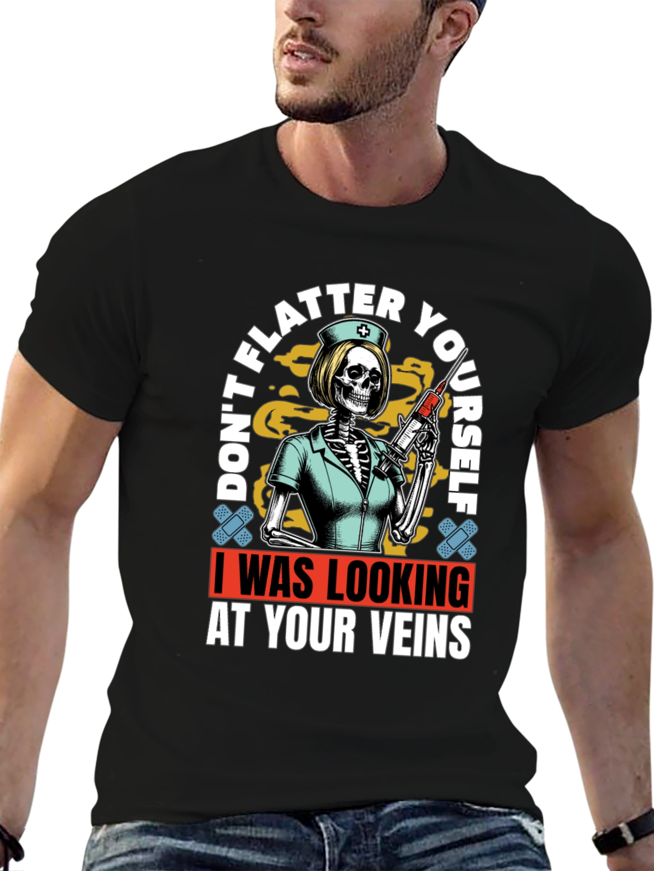 Black Humorous Vein Anatomy Nurse Skeleton Graphic T-Shirt view 6