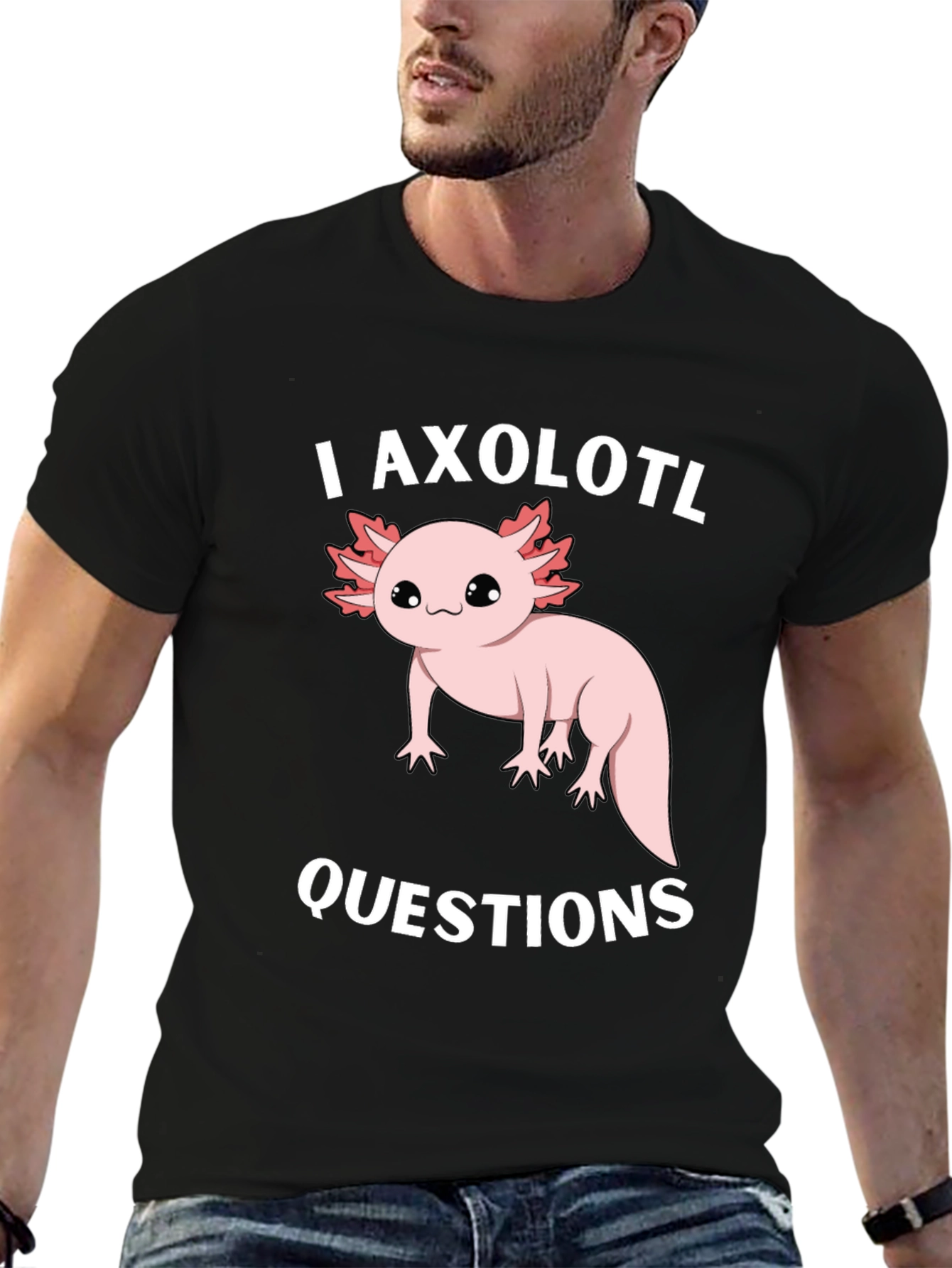 Black I Axolotl Questions Funny Graphic T-Shirt view 6